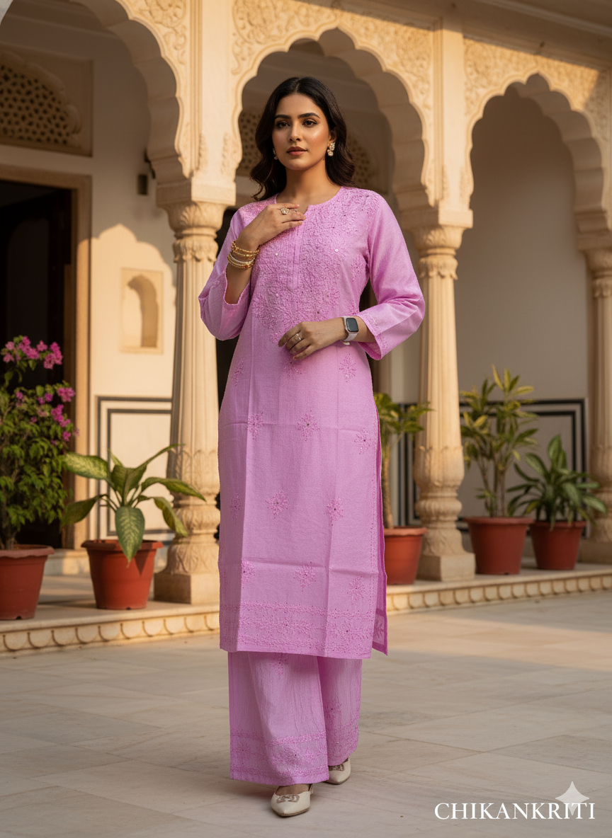 Chanderi 2-Piece Chikankari Suit with Mukaish Work | Hand-Embroidered Kurta & Bottom