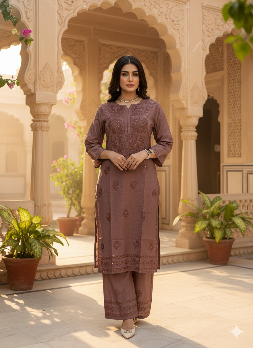 Chanderi 2-Piece Chikankari Suit with Mukaish Work | Hand-Embroidered Kurta & Bottom
