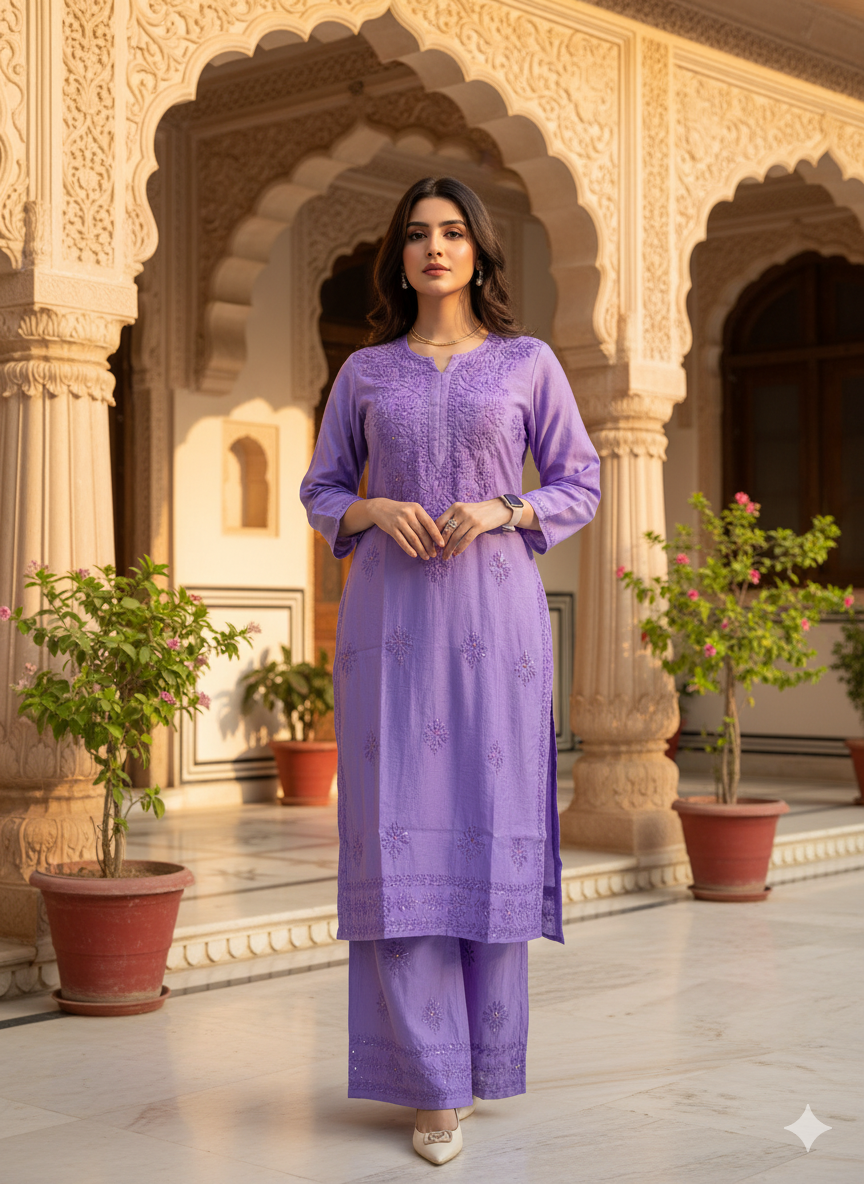 Chanderi 2-Piece Chikankari Suit with Mukaish Work | Hand-Embroidered Kurta & Bottom