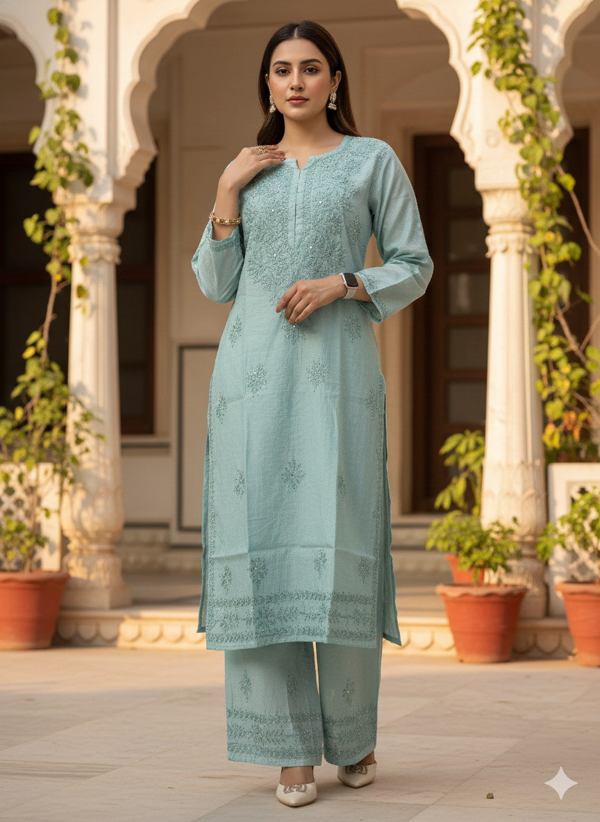 Chanderi 2-Piece Chikankari Suit with Mukaish Work | Hand-Embroidered Kurta & Bottom
