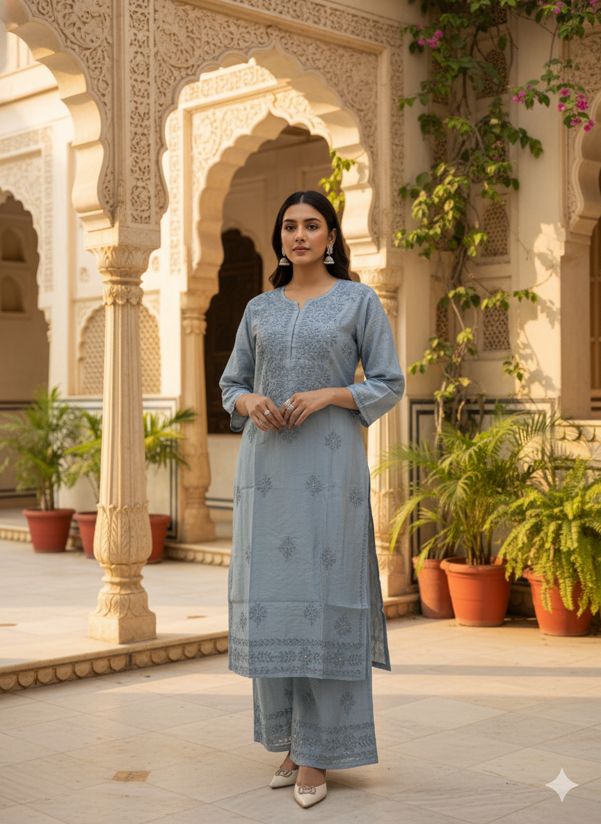 Chanderi 2-Piece Chikankari Suit with Mukaish Work | Hand-Embroidered Kurta & Bottom
