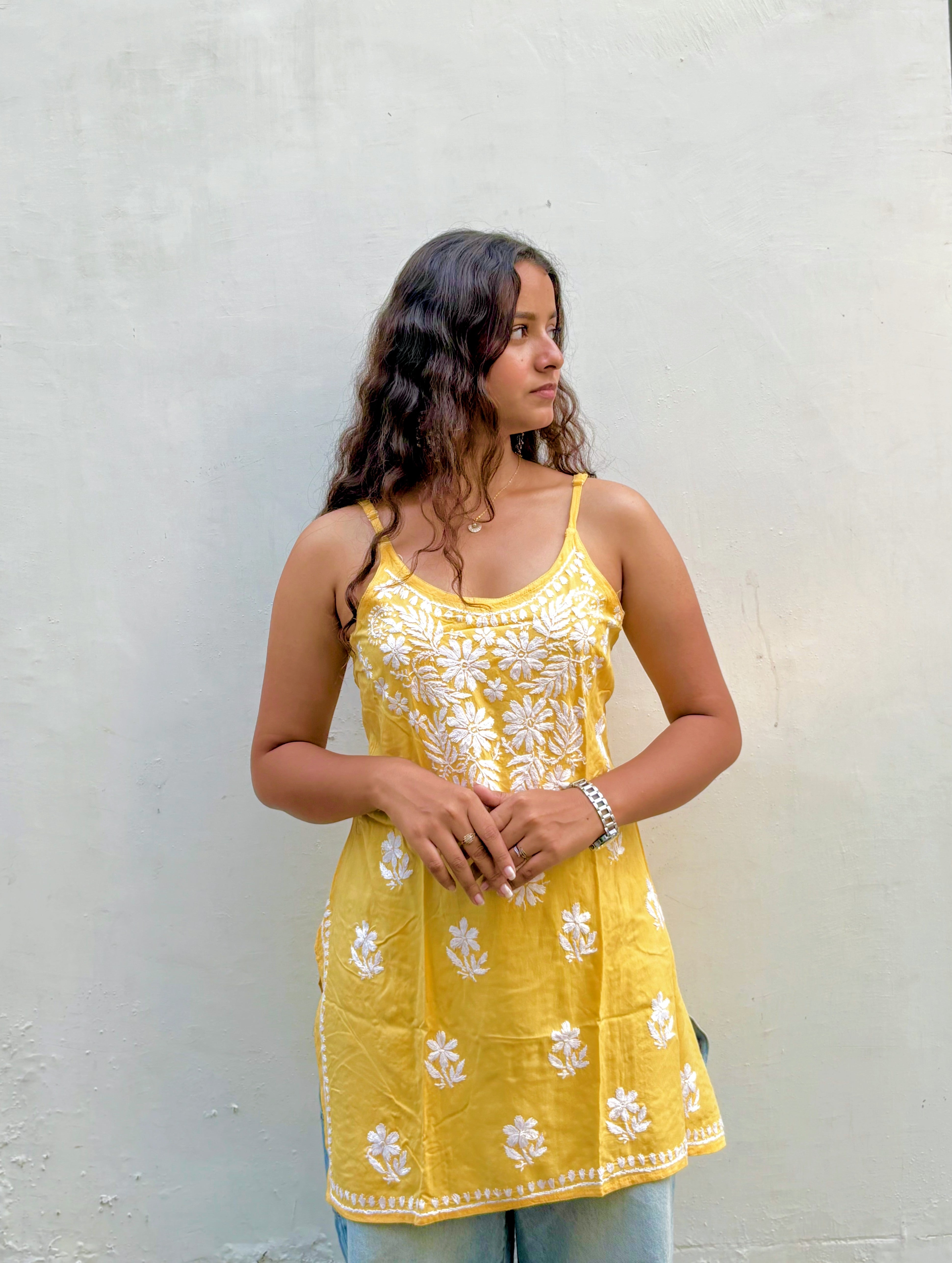 Sleeveless Noodle-Strap Rayon Chikankari Kurti | Hand-Embroidered Everyday Wear