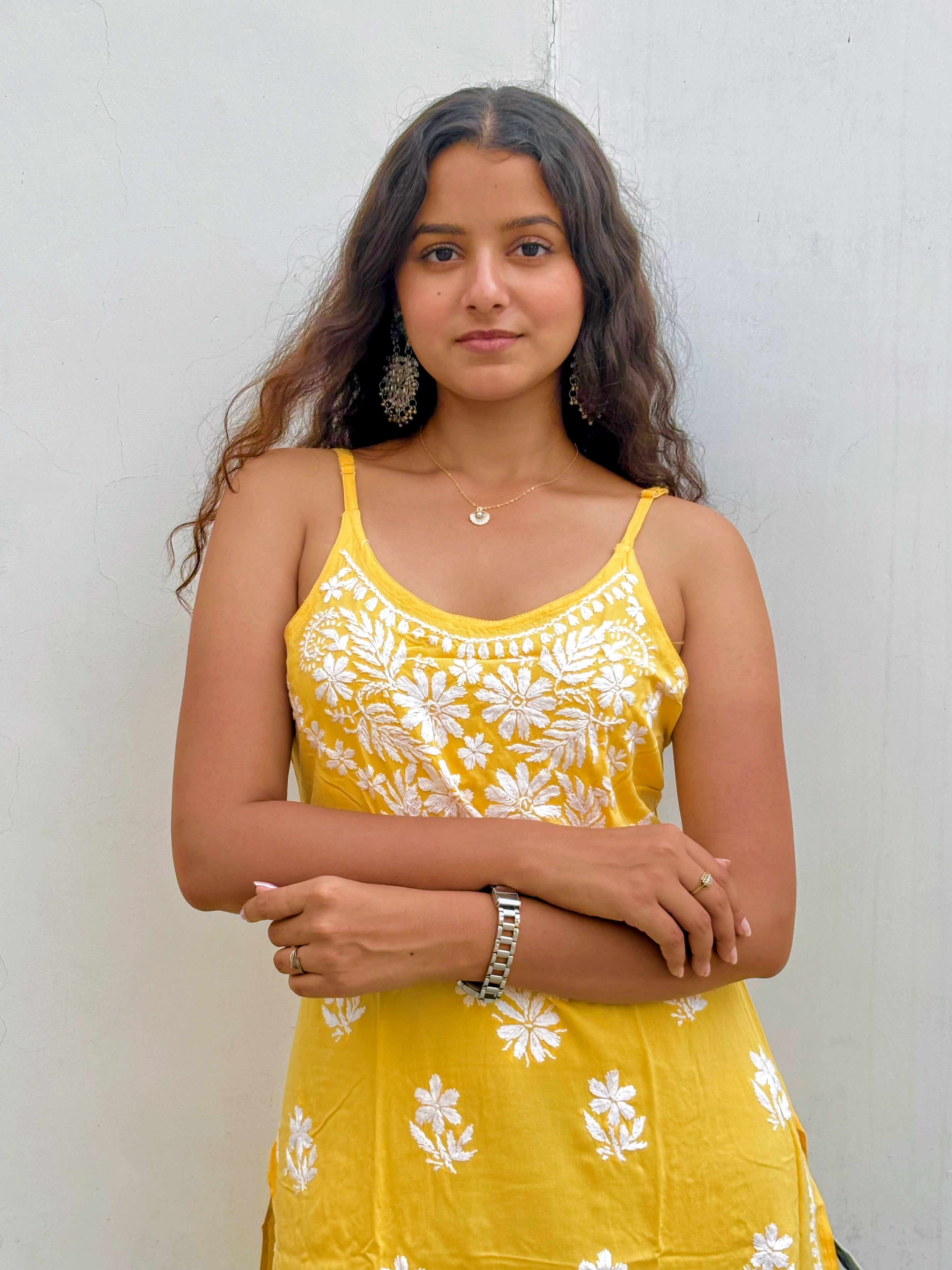 Sleeveless Noodle-Strap Rayon Chikankari Kurti | Hand-Embroidered Everyday Wear