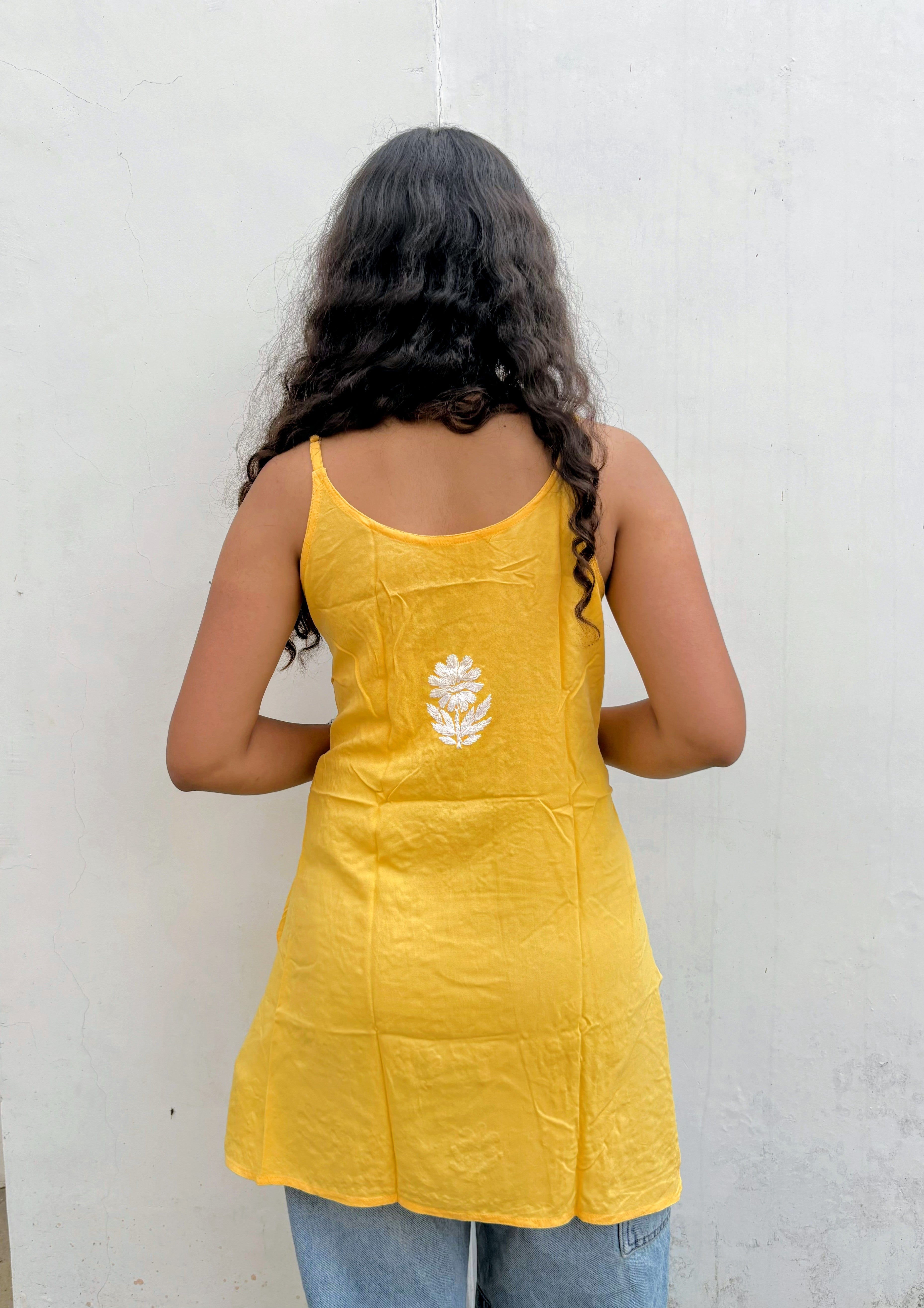 Sleeveless Noodle-Strap Rayon Chikankari Kurti | Hand-Embroidered Everyday Wear
