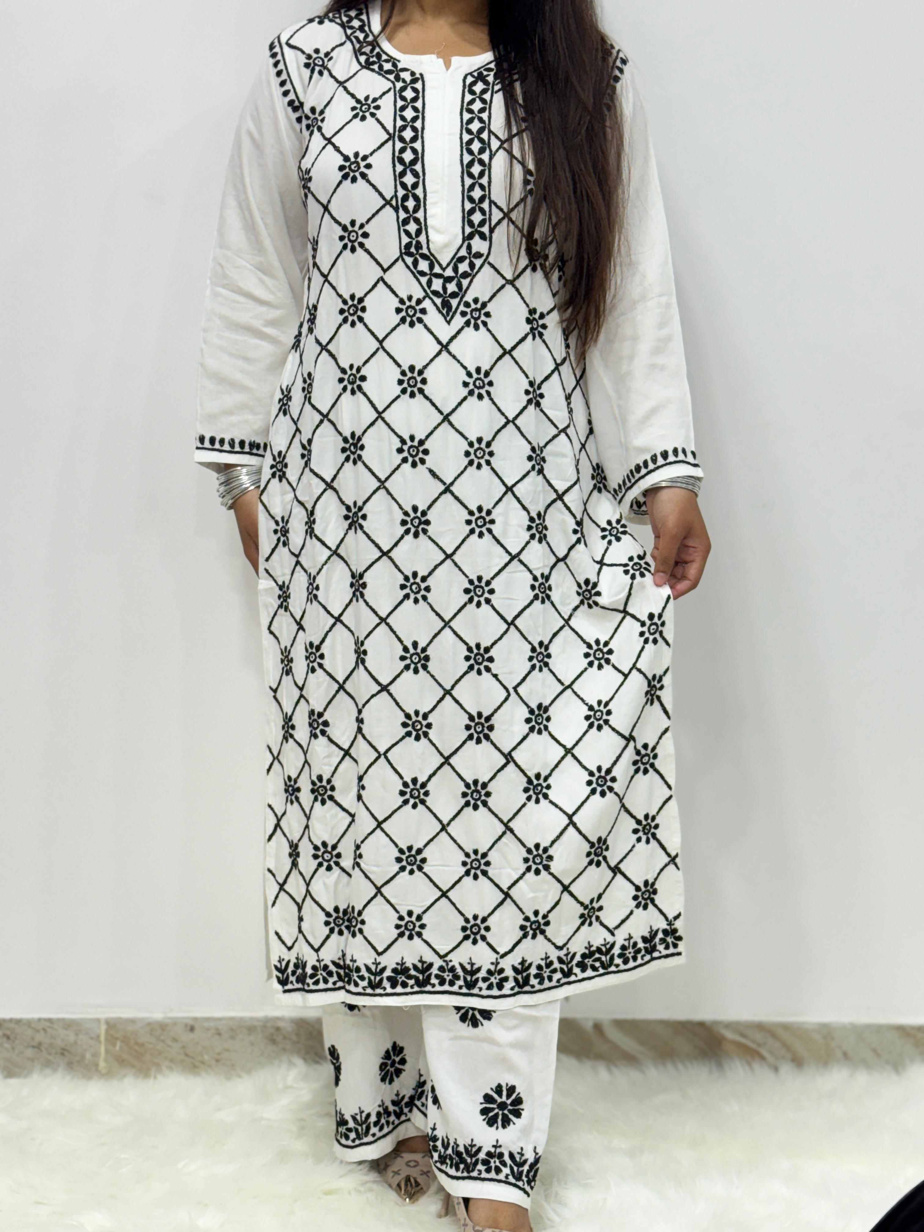 White Rayon Chikankari 2-Piece Set | Hand-Embroidered Black Floral Work & Matching Bottom