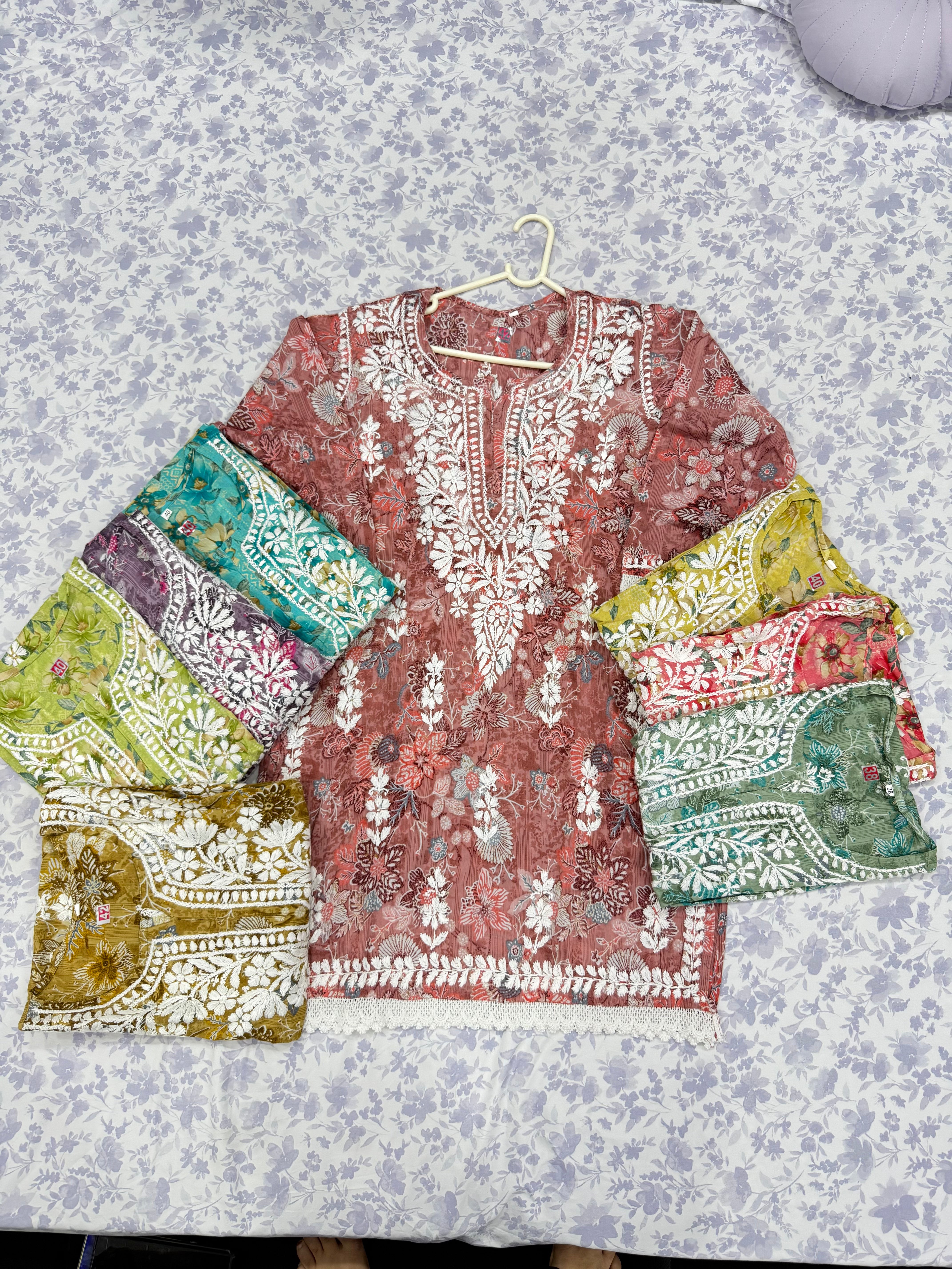 Mul Print Lucknowi Chikankari Co-Ord Set | Hand-Embroidered Cotton Kurti & Bottom