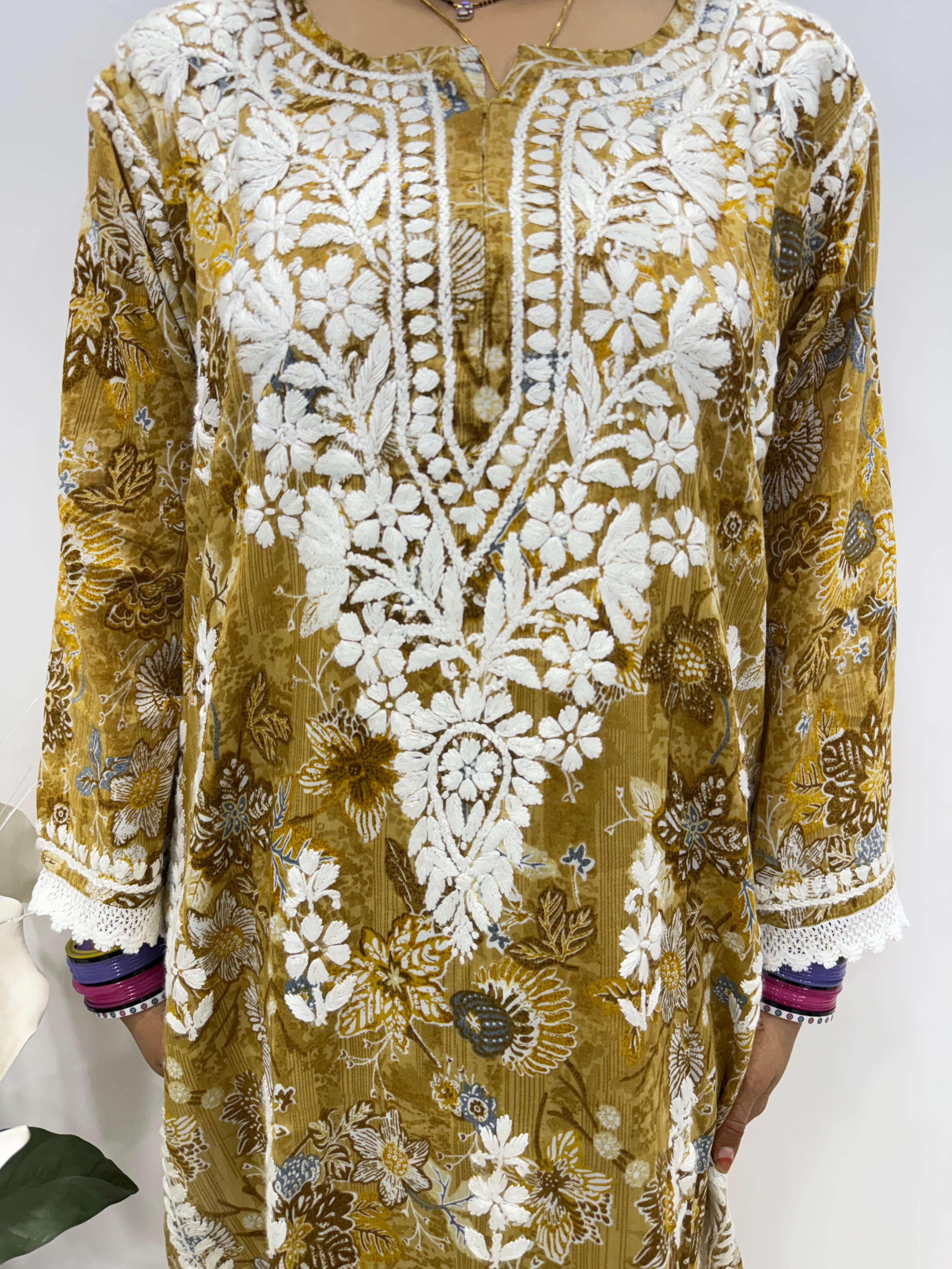 Mul Print Lucknowi Chikankari Co-Ord Set | Hand-Embroidered Cotton Kurti & Bottom