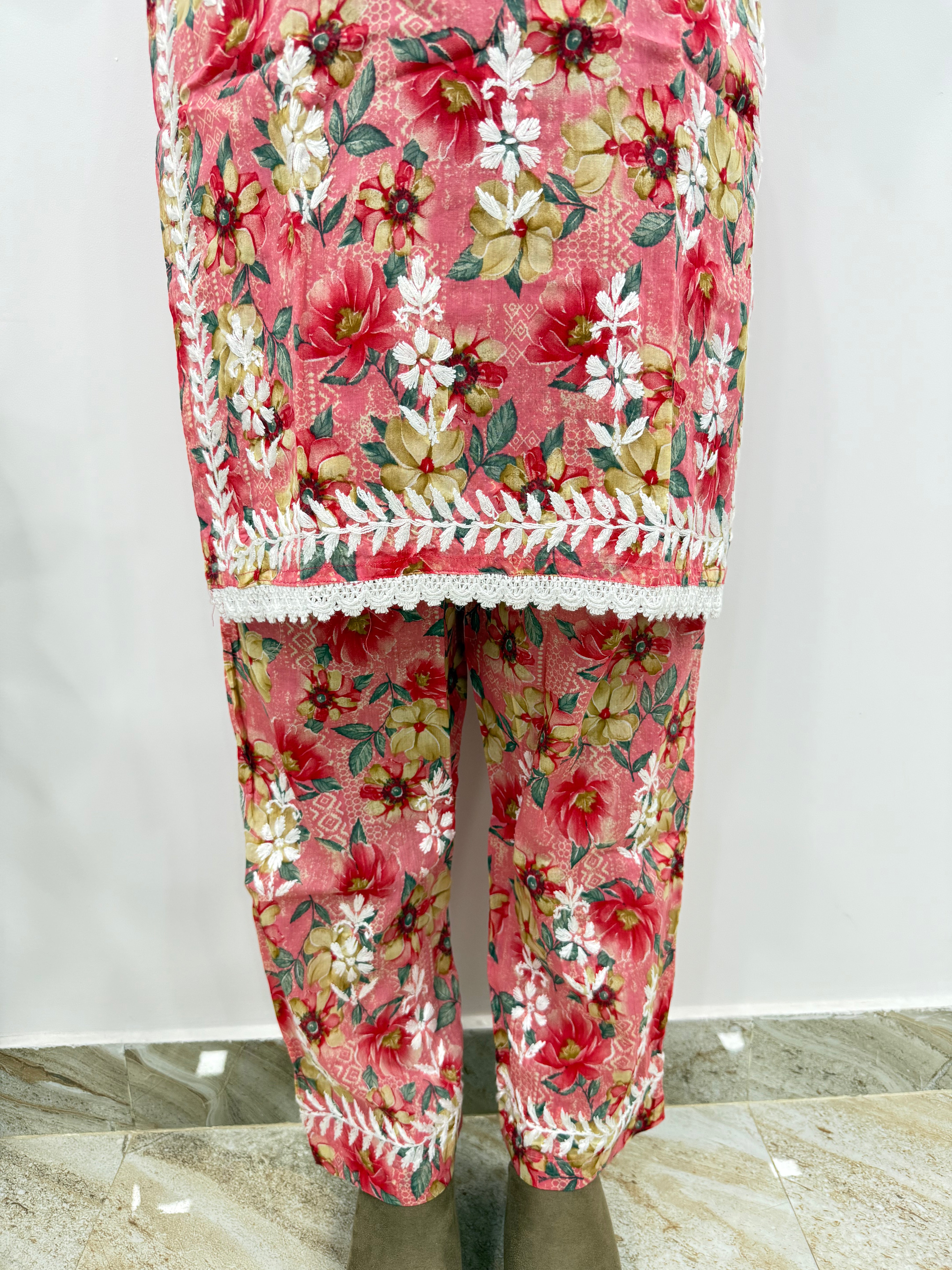 Mul Print Lucknowi Chikankari Co-Ord Set | Hand-Embroidered Cotton Kurti & Bottom