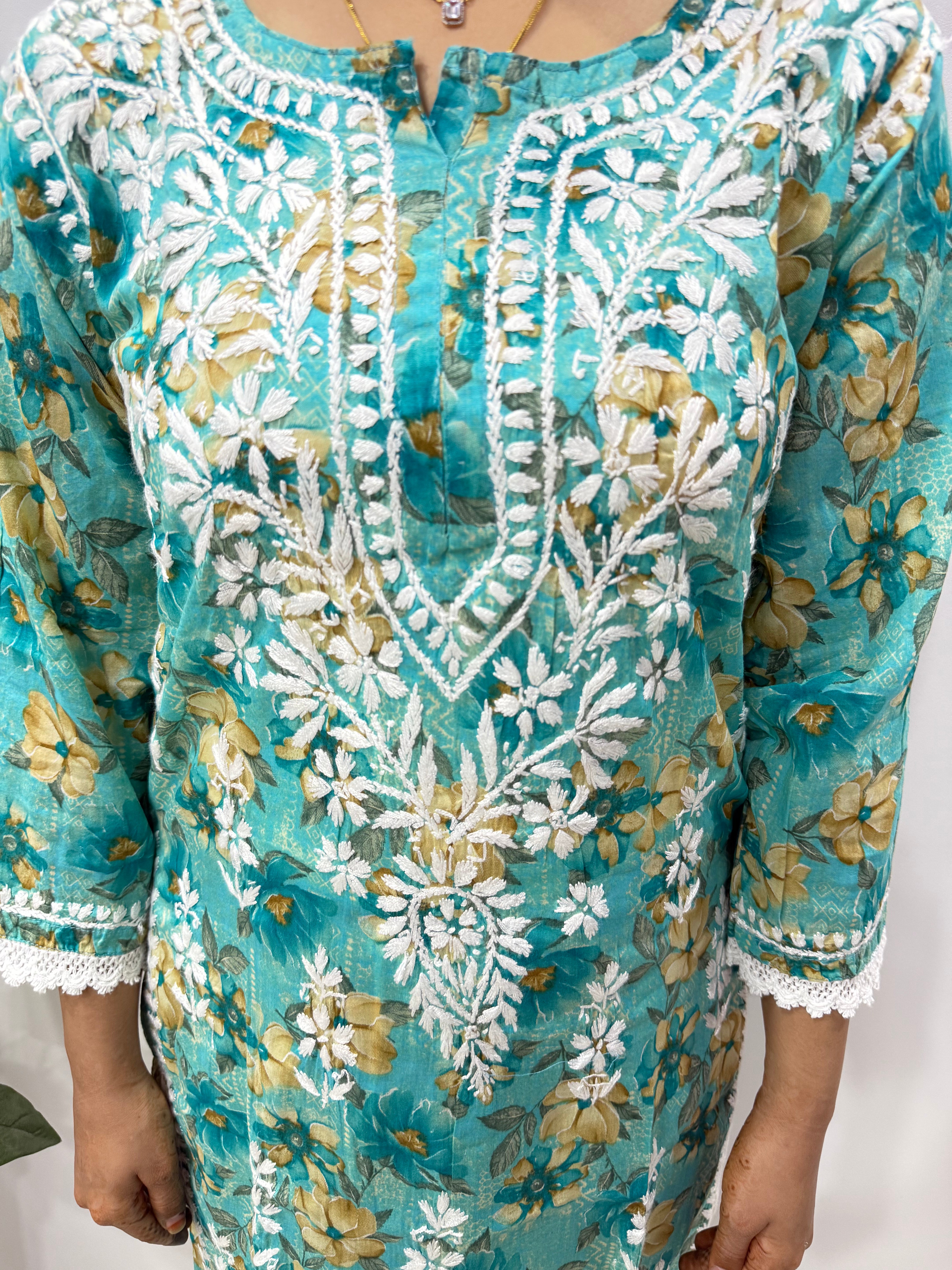 Mul Print Lucknowi Chikankari Co-Ord Set | Hand-Embroidered Cotton Kurti & Bottom