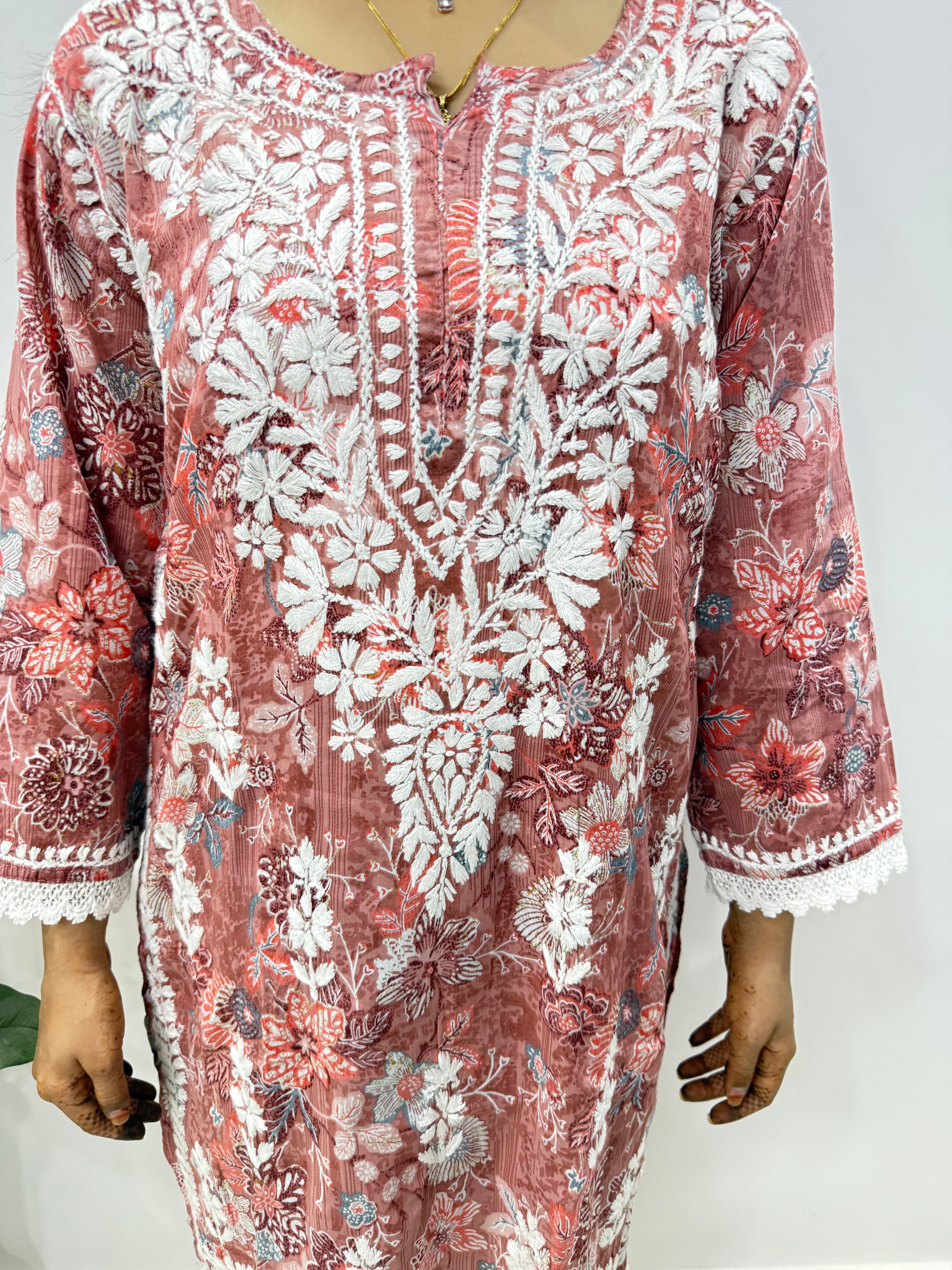 Mul Print Lucknowi Chikankari Co-Ord Set | Hand-Embroidered Cotton Kurti & Bottom