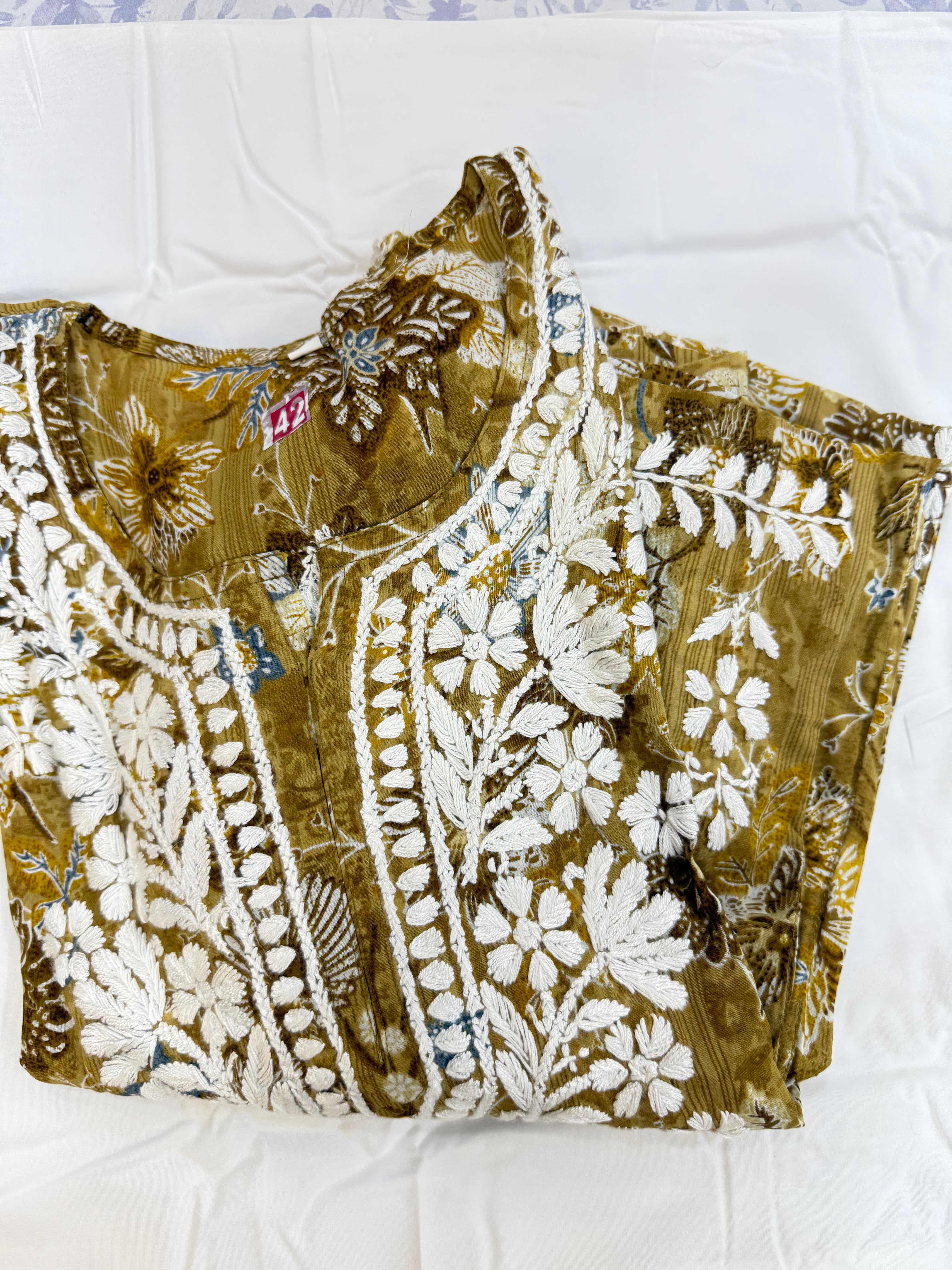 Mul Print Lucknowi Chikankari Co-Ord Set | Hand-Embroidered Cotton Kurti & Bottom