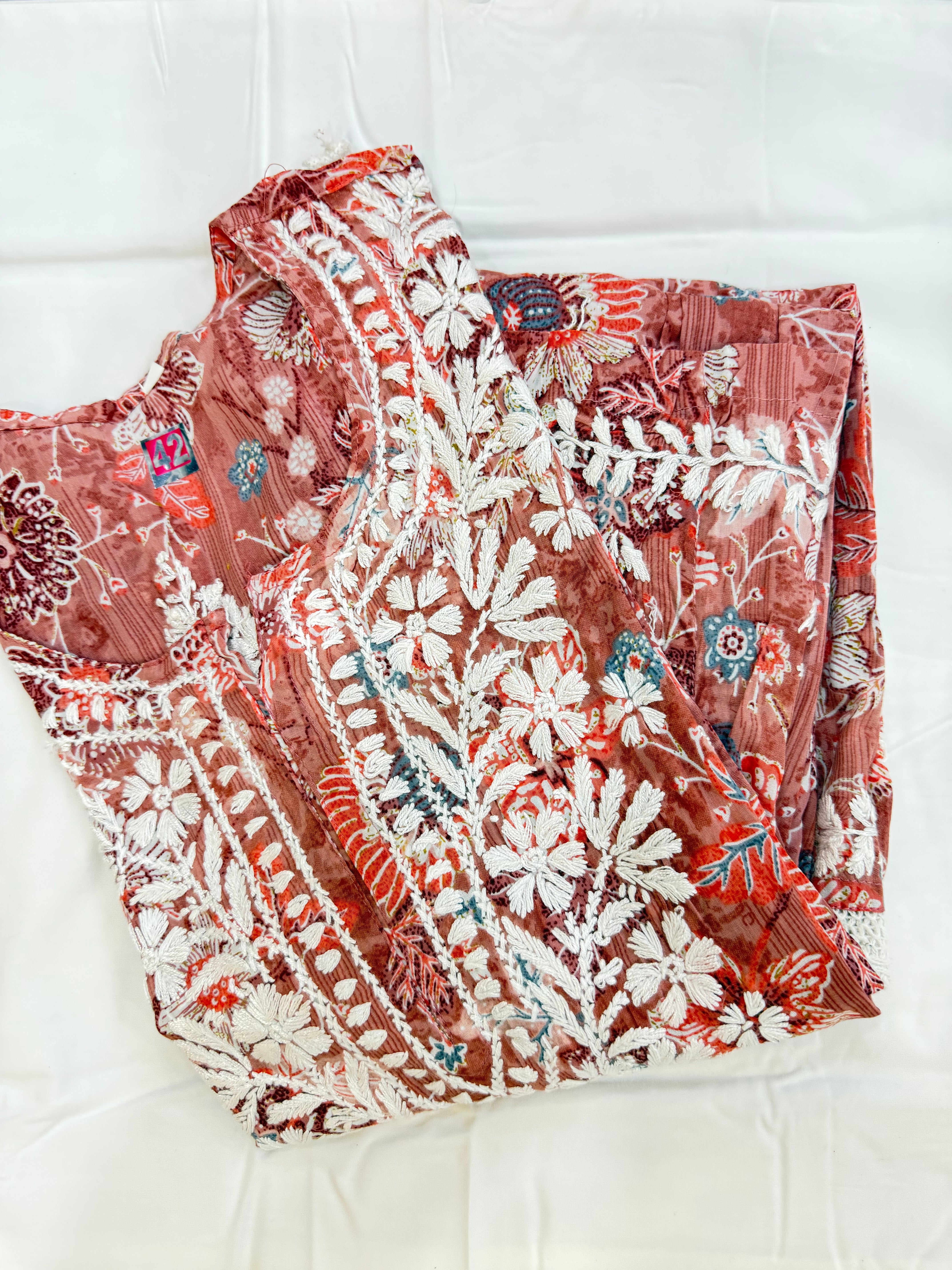 Mul Print Lucknowi Chikankari Co-Ord Set | Hand-Embroidered Cotton Kurti & Bottom