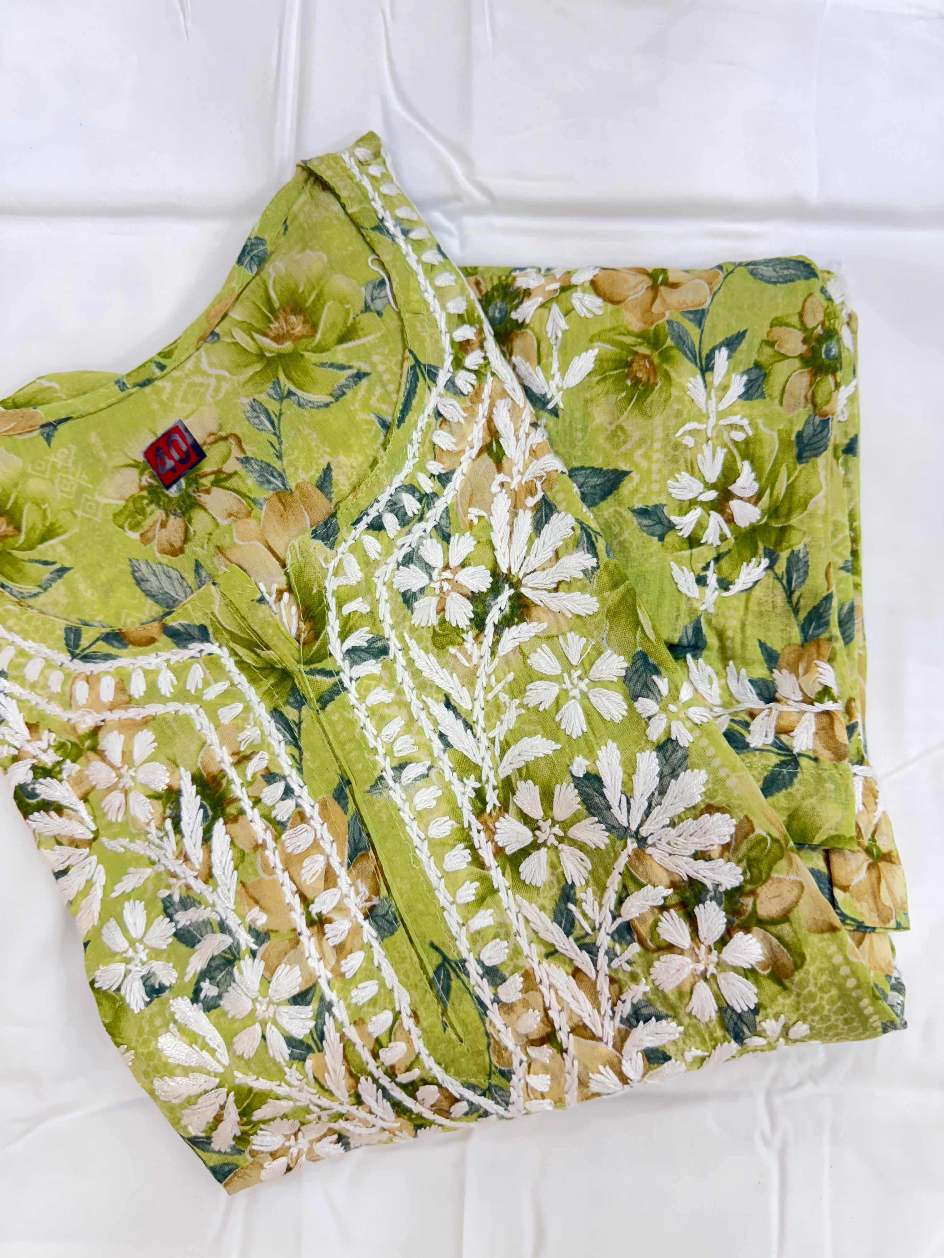 Mul Print Lucknowi Chikankari Co-Ord Set | Hand-Embroidered Cotton Kurti & Bottom