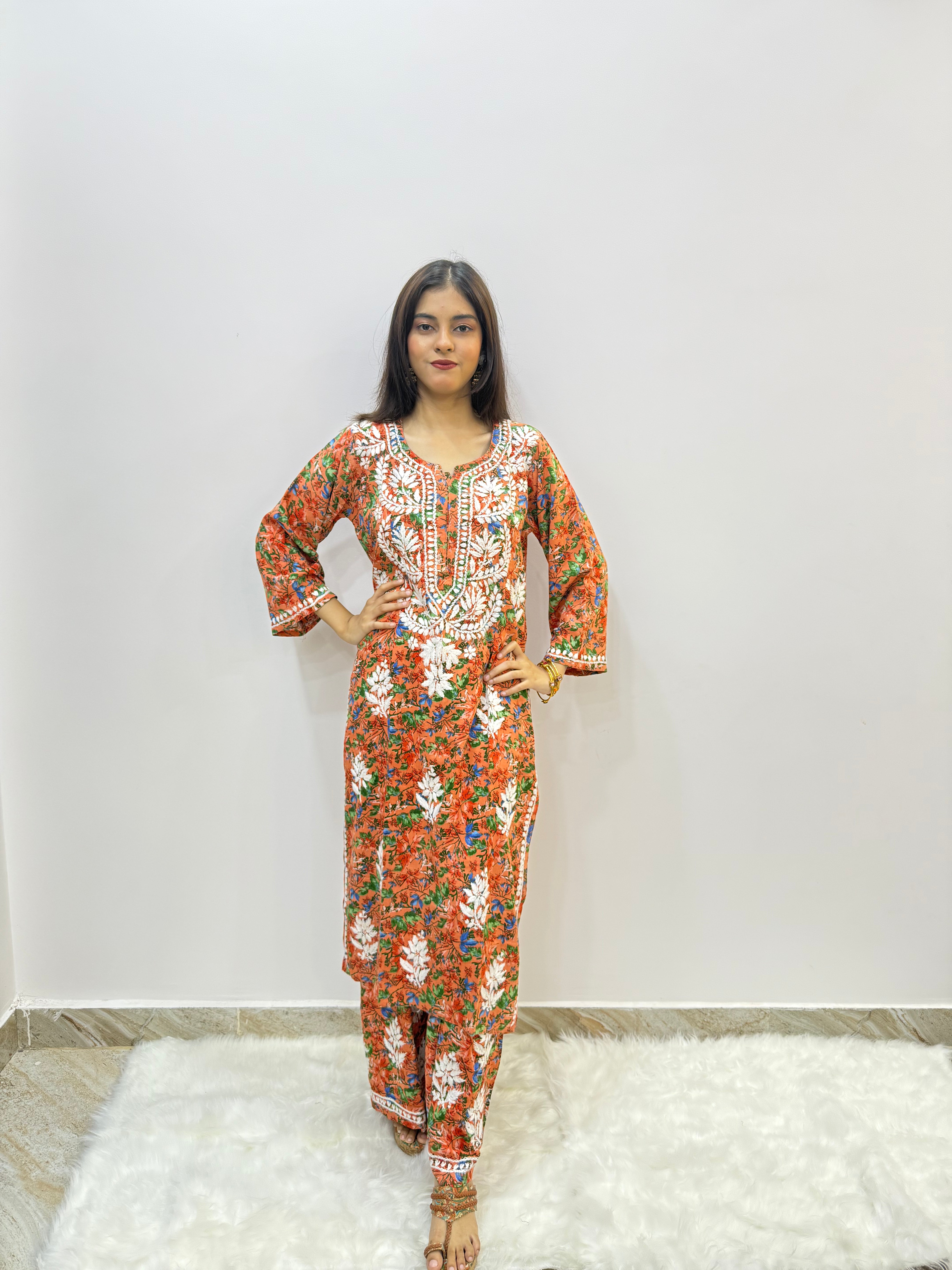 Printed Rayon Cotton Chikankari Suit | Hand-Embroidered Kurta with Matching Bottom