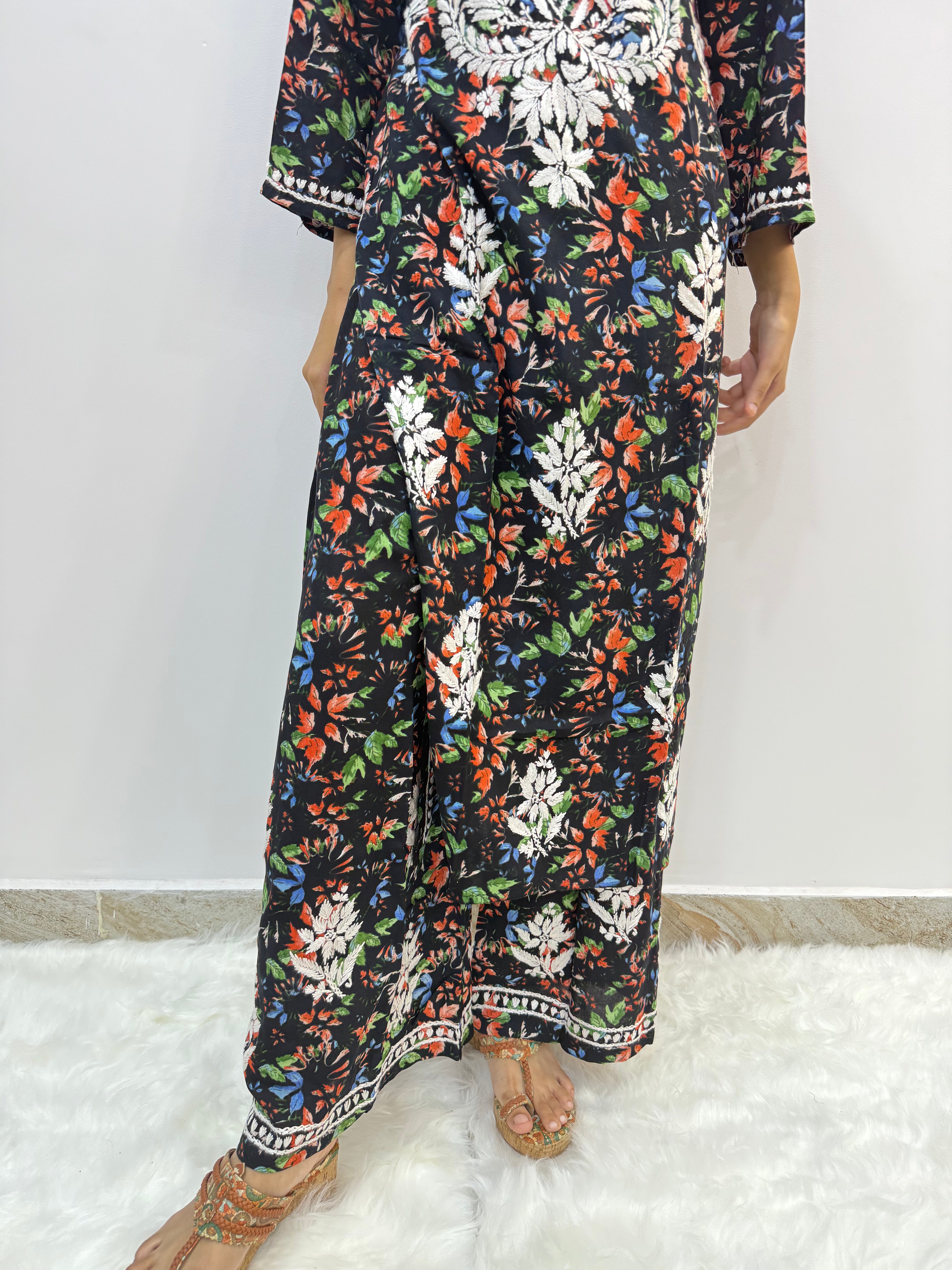 Printed Rayon Cotton Chikankari Suit | Hand-Embroidered Kurta with Matching Bottom