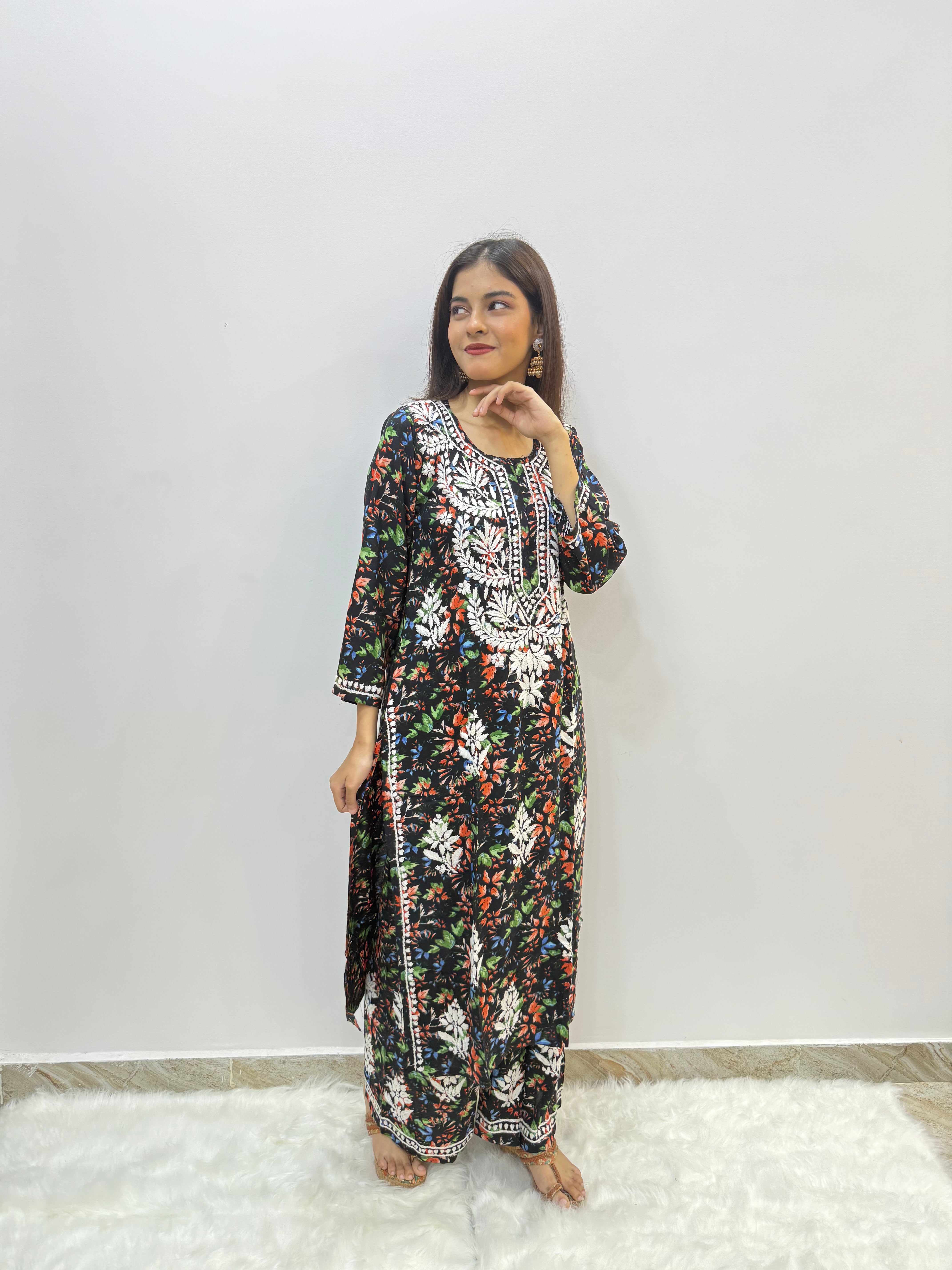 Printed Rayon Cotton Chikankari Suit | Hand-Embroidered Kurta with Matching Bottom