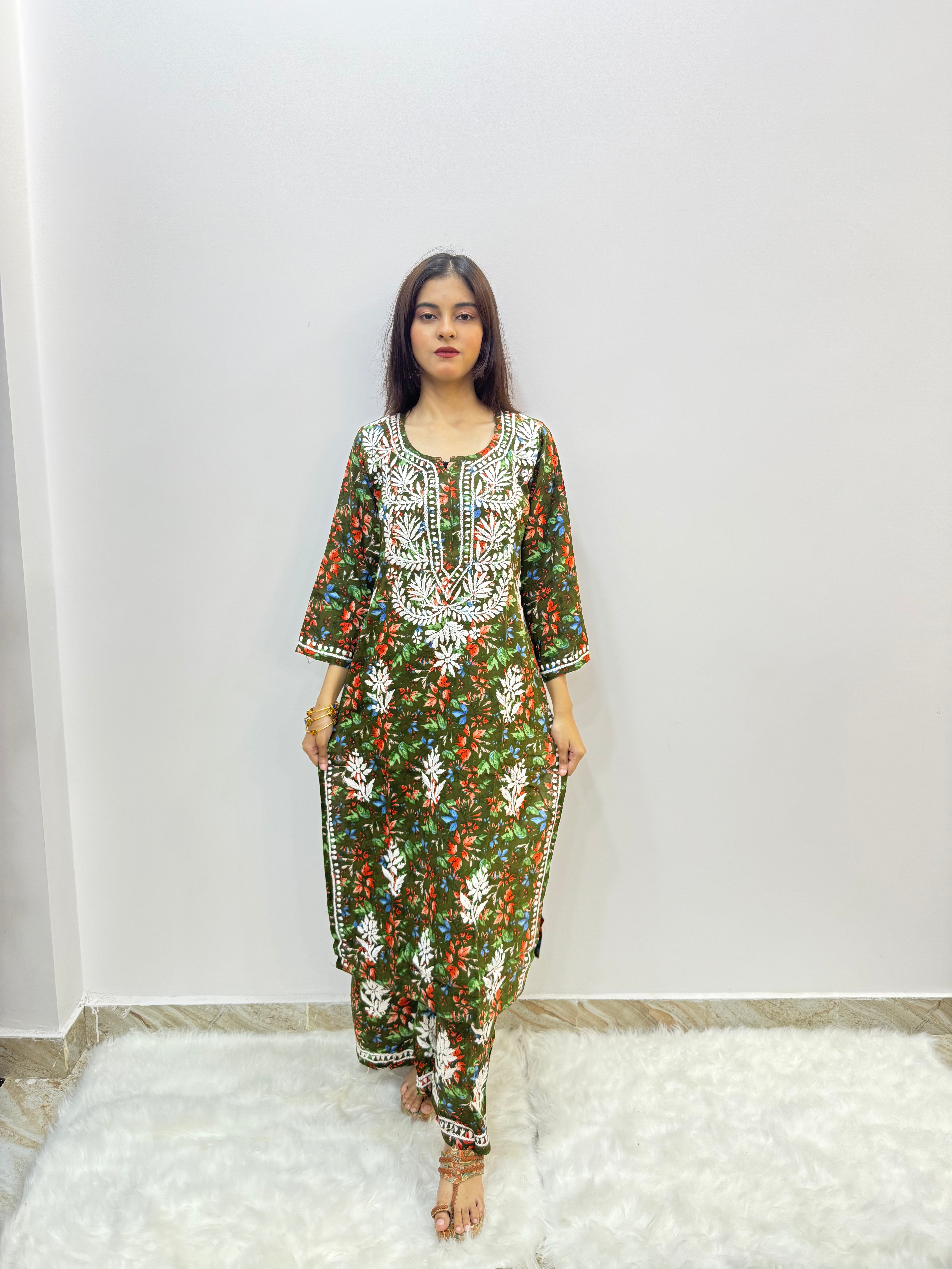 Printed Rayon Cotton Chikankari Suit | Hand-Embroidered Kurta with Matching Bottom