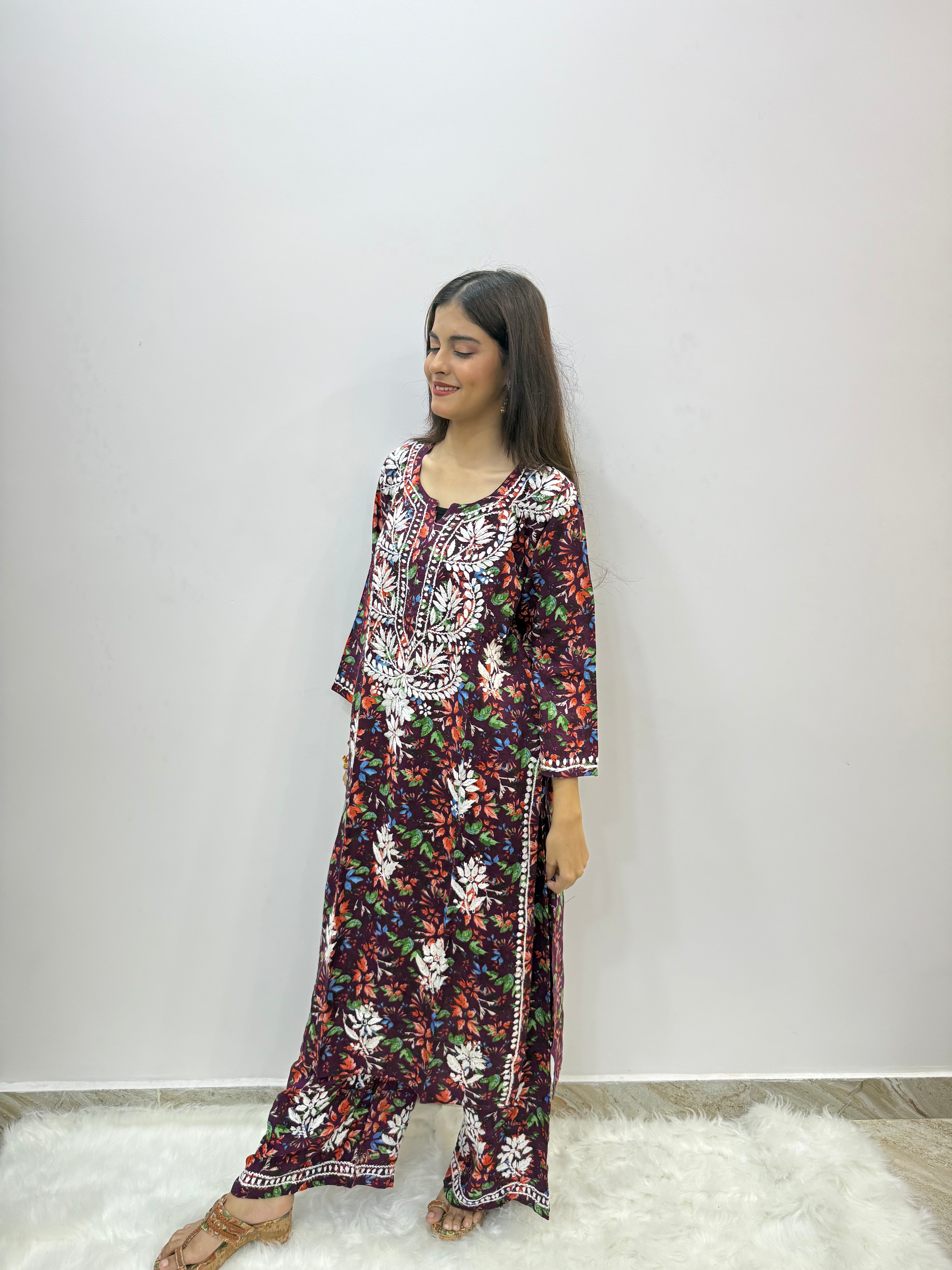 Printed Rayon Cotton Chikankari Suit | Hand-Embroidered Kurta with Matching Bottom