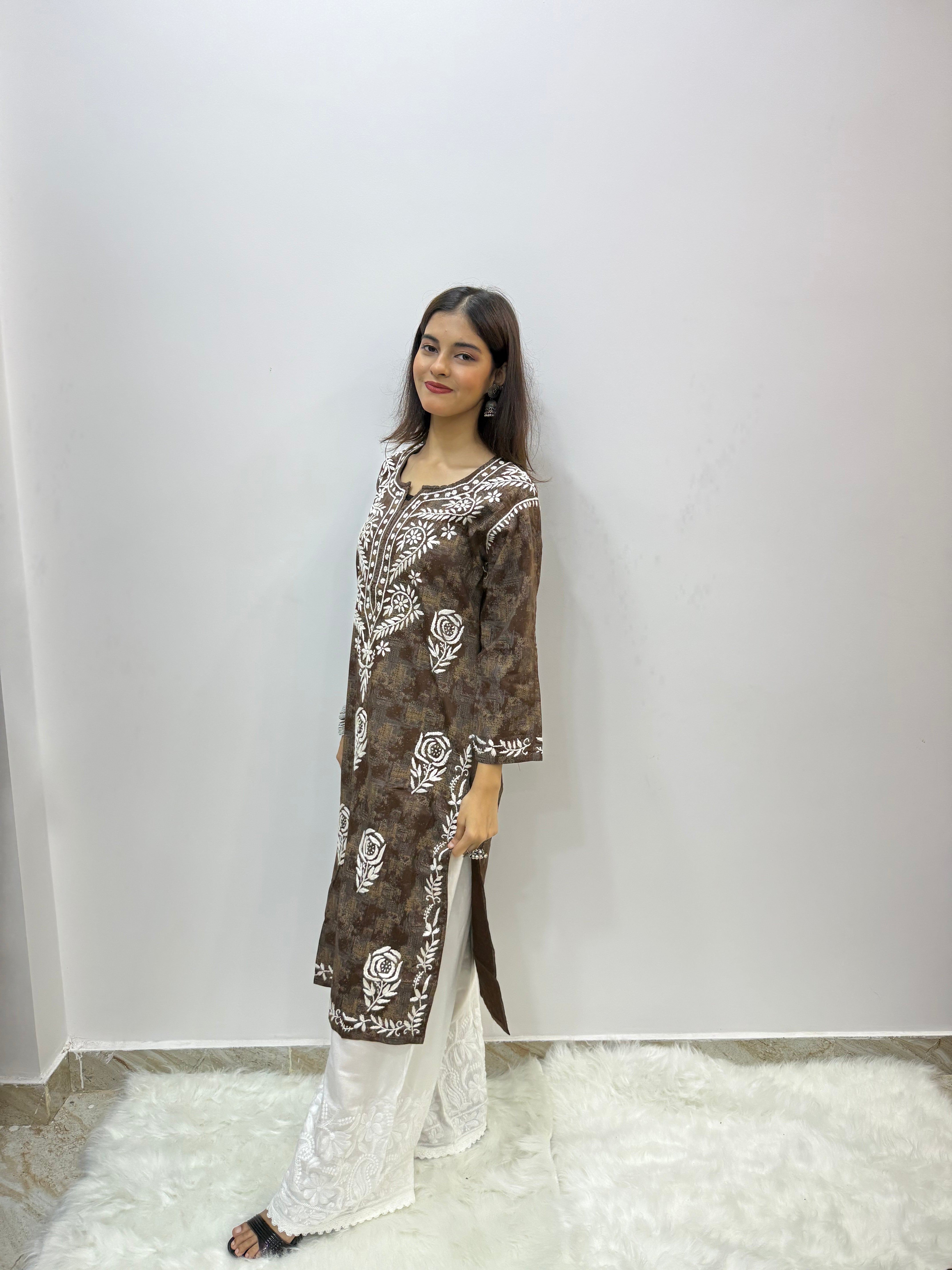 Printed Chikankari Kurti with Bottom Set | Rose Bootee Embroidery & Handcrafted Detailing