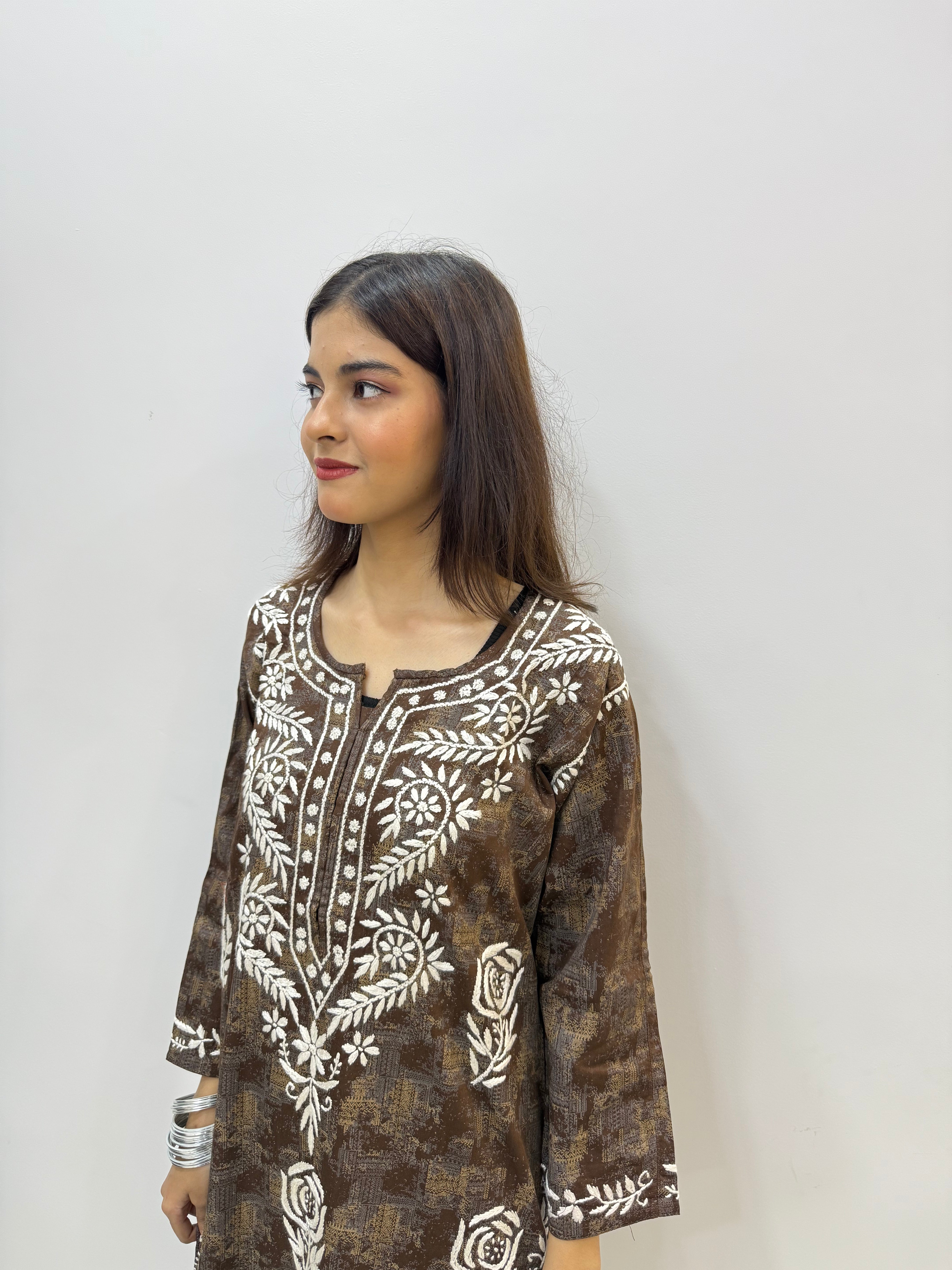 Printed Chikankari Kurti with Bottom Set | Rose Bootee Embroidery & Handcrafted Detailing
