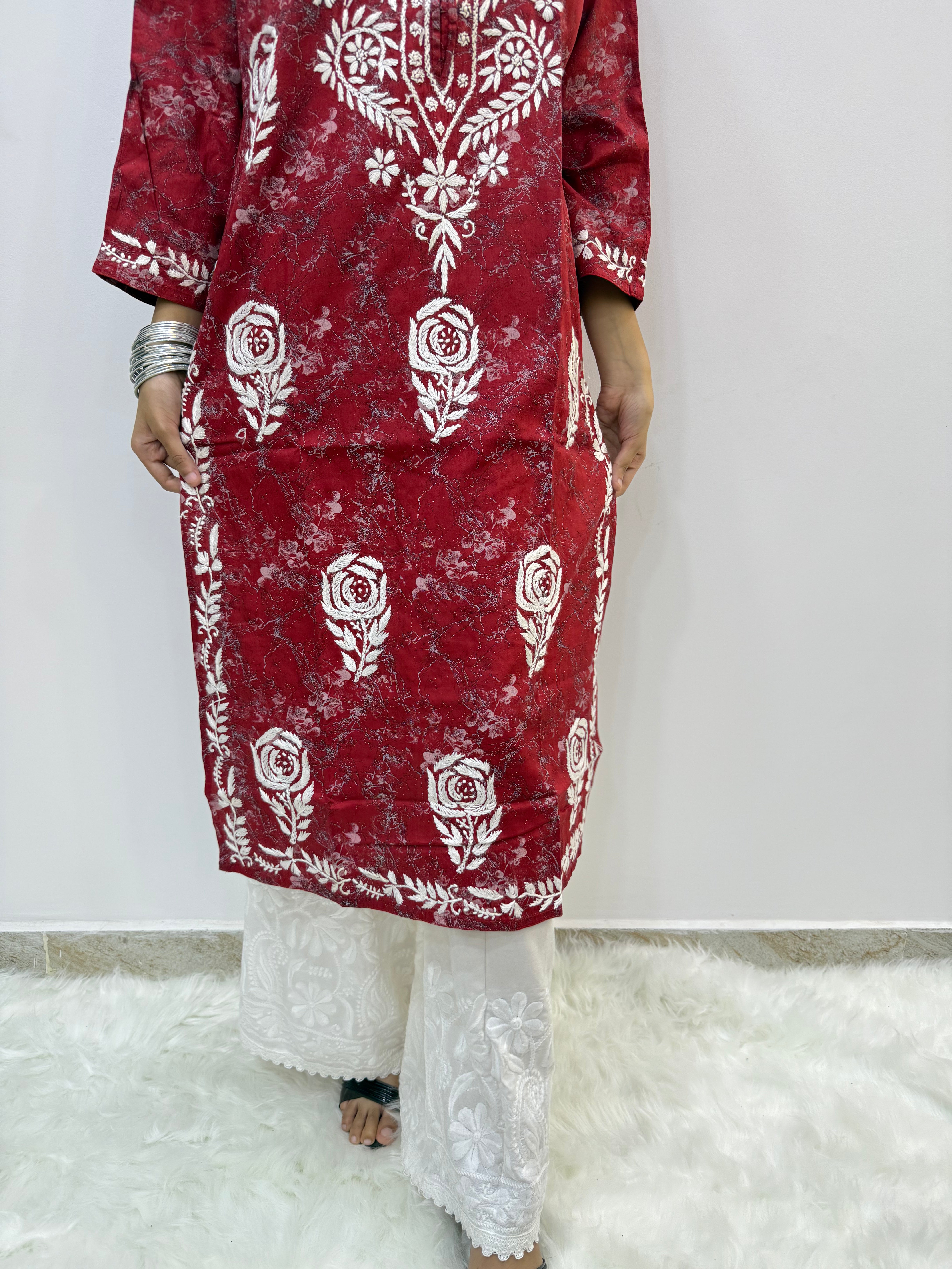 Printed Chikankari Kurti with Bottom Set | Rose Bootee Embroidery & Handcrafted Detailing