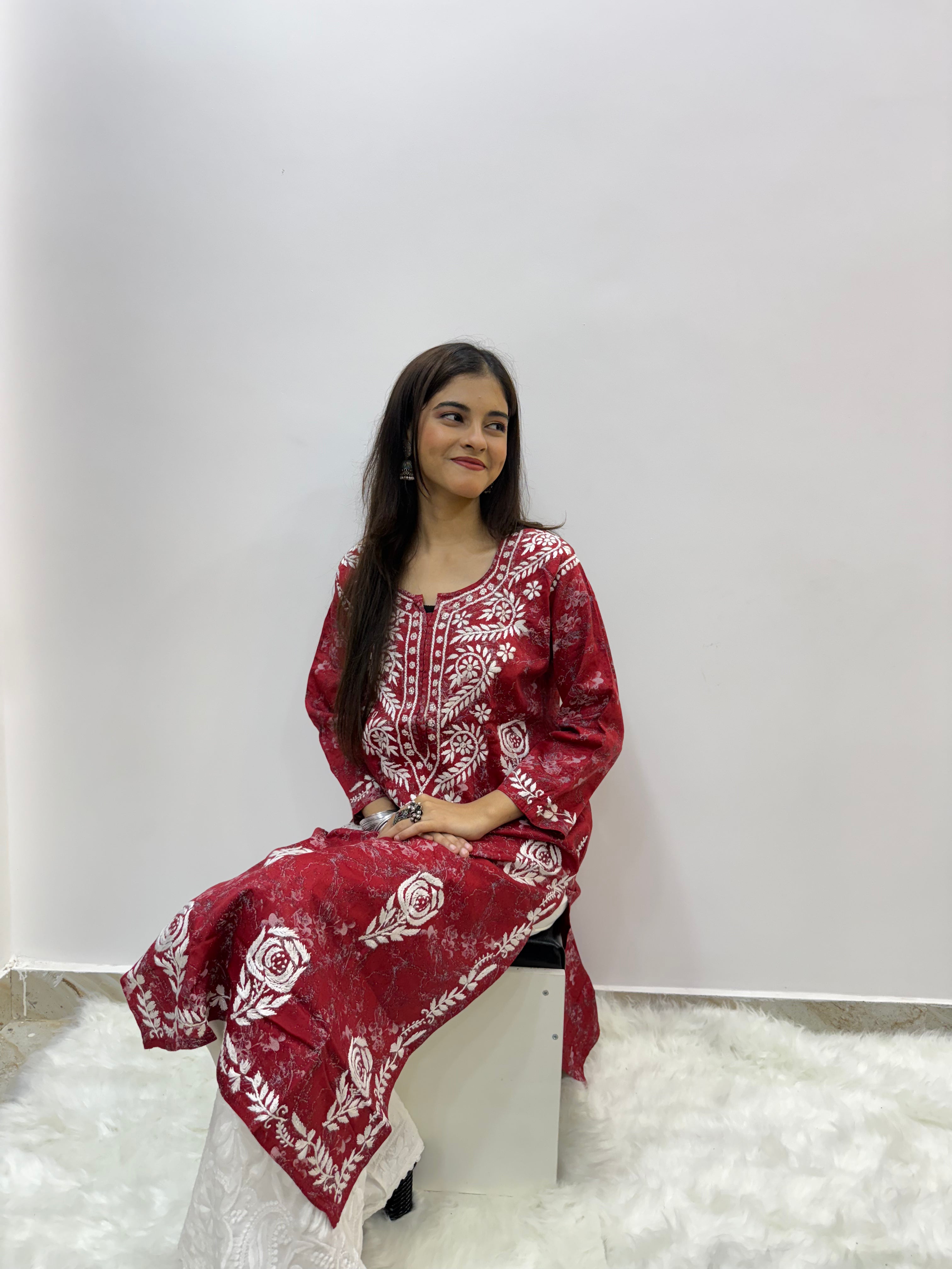 Printed Chikankari Kurti with Bottom Set | Rose Bootee Embroidery & Handcrafted Detailing