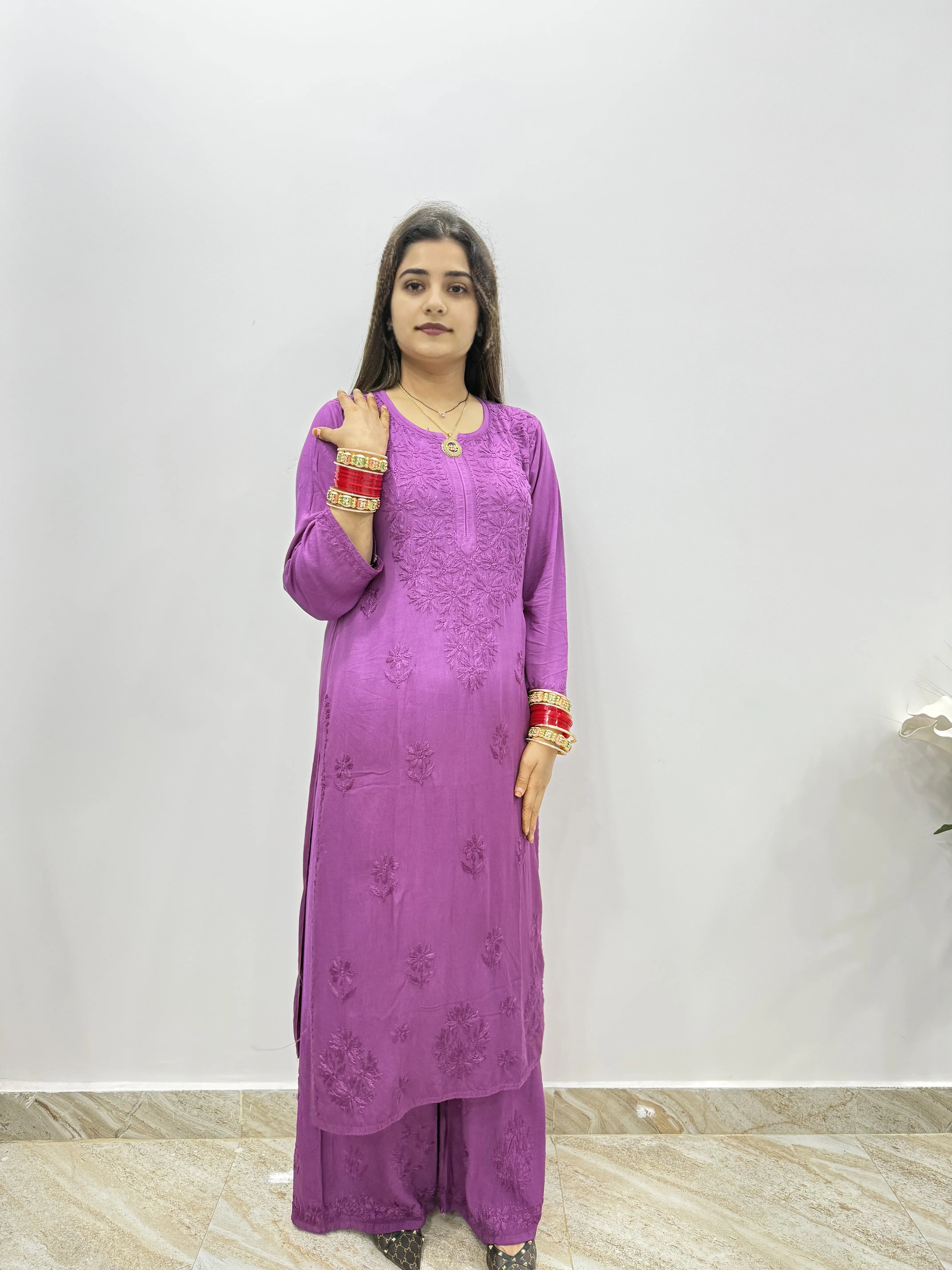 Double Shaded Rayon Chikankari Suit | Hand-Embroidered Kurta with Matching Bottom