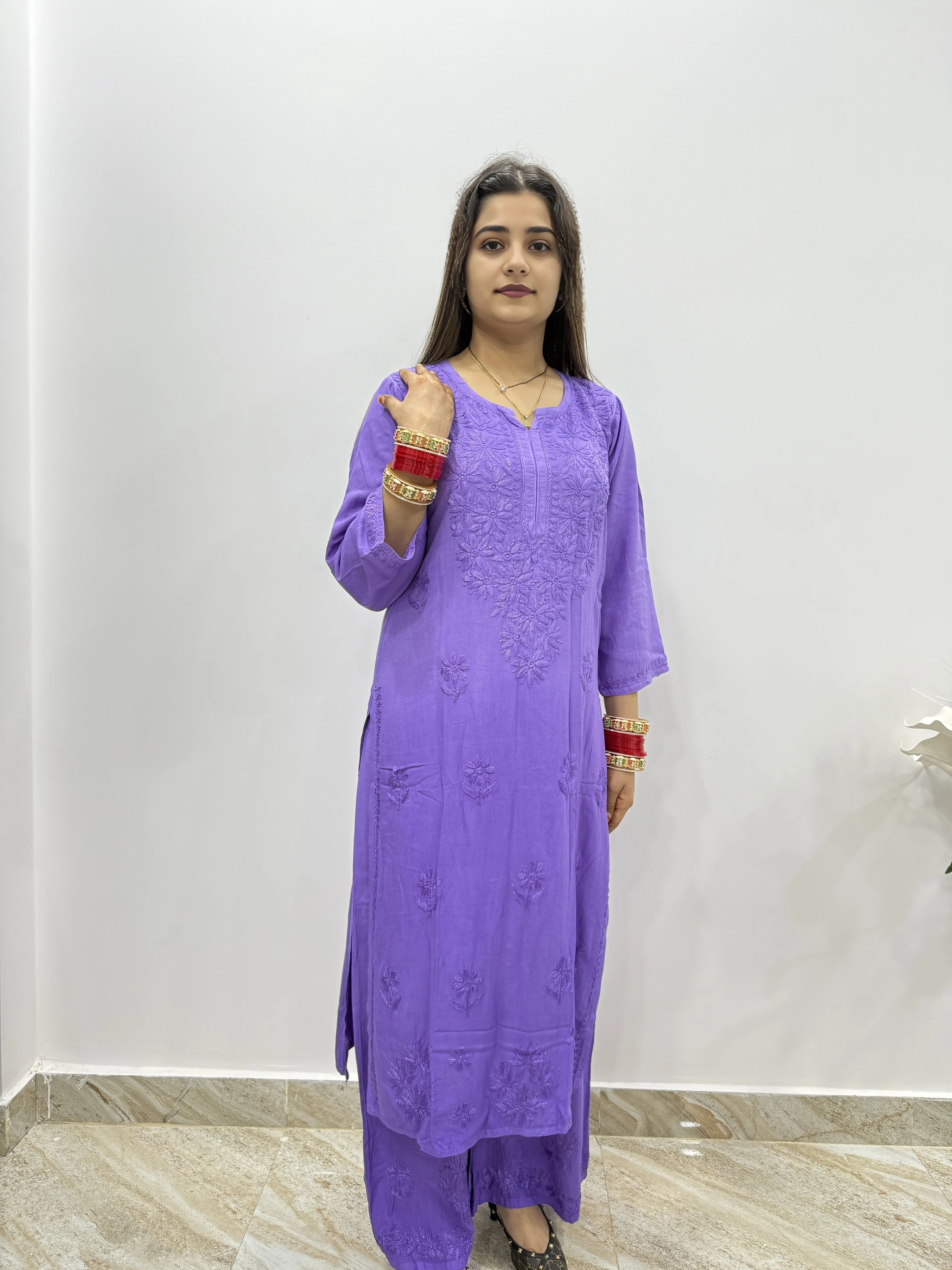 Double Shaded Rayon Chikankari Suit | Hand-Embroidered Kurta with Matching Bottom