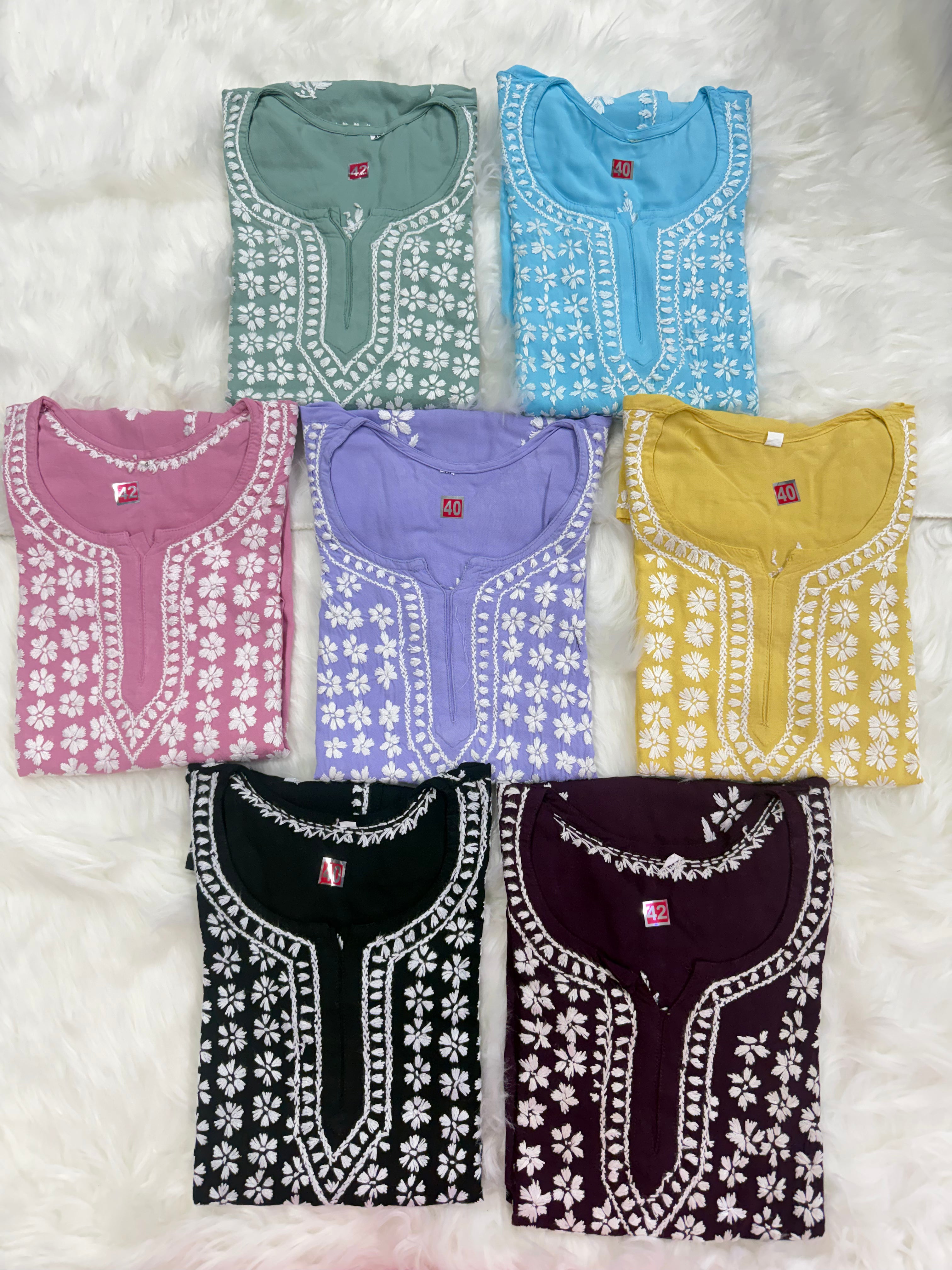 Pure Cotton Short Chikankari Kurti | Pastel Shades with Floral Hand Embroidery