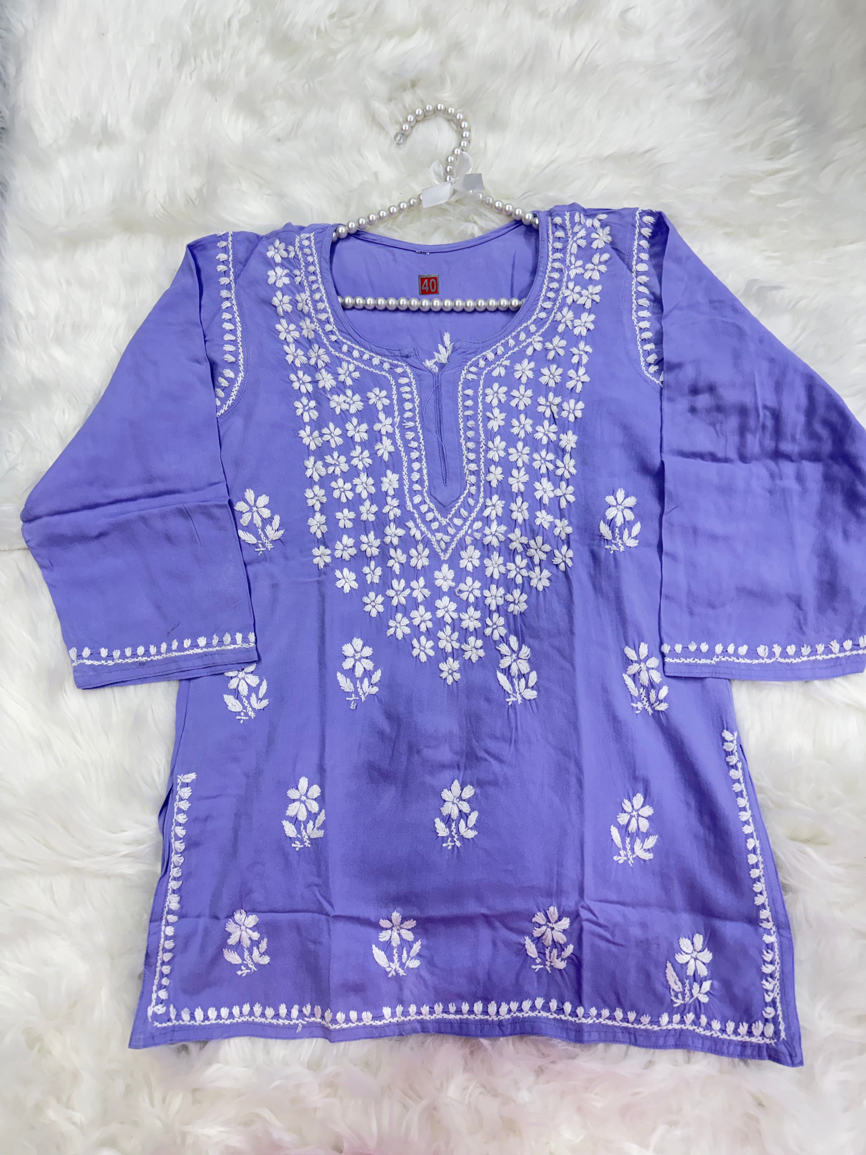 Pure Cotton Short Chikankari Kurti | Pastel Shades with Floral Hand Embroidery