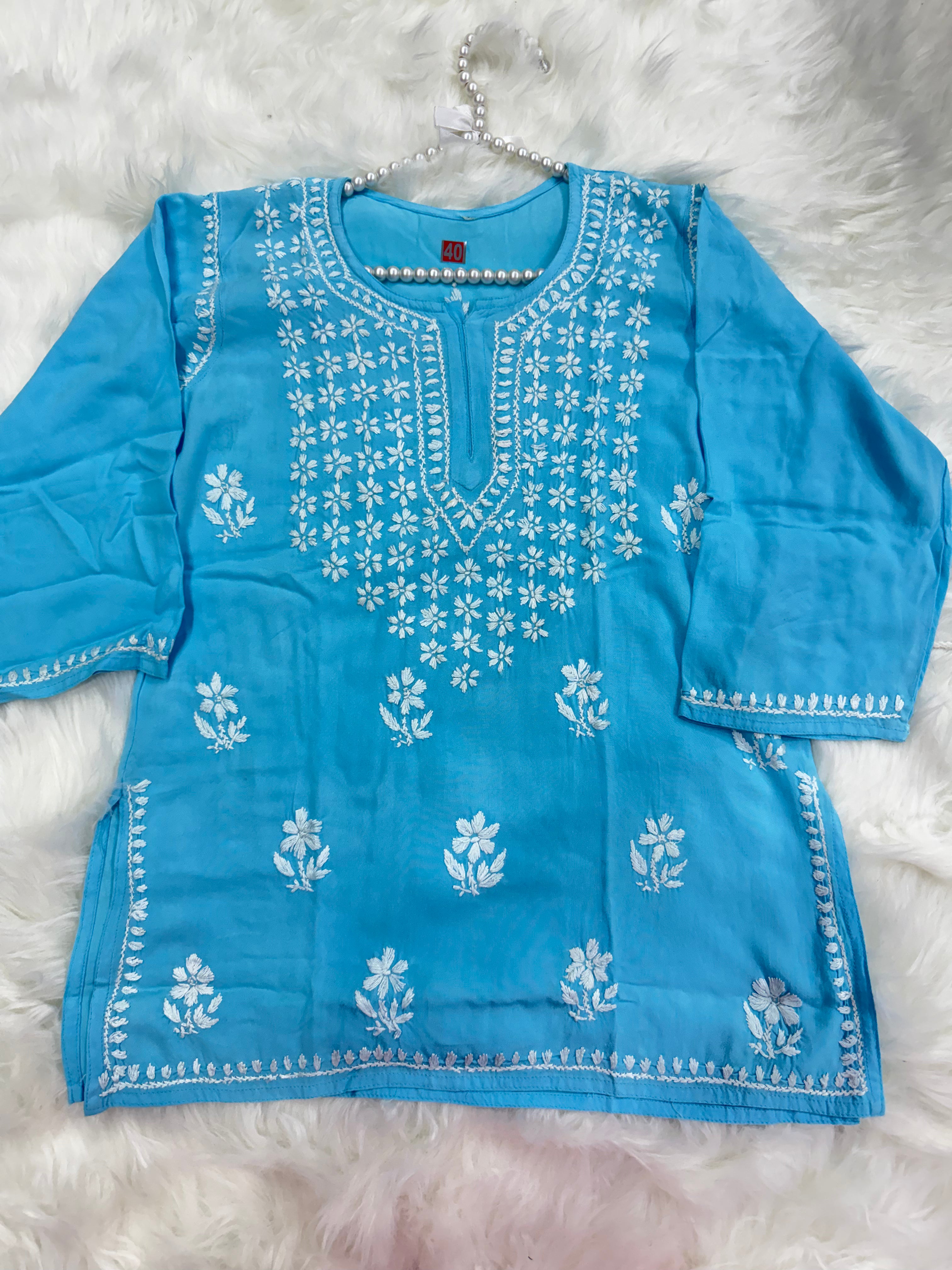 Pure Cotton Short Chikankari Kurti | Pastel Shades with Floral Hand Embroidery