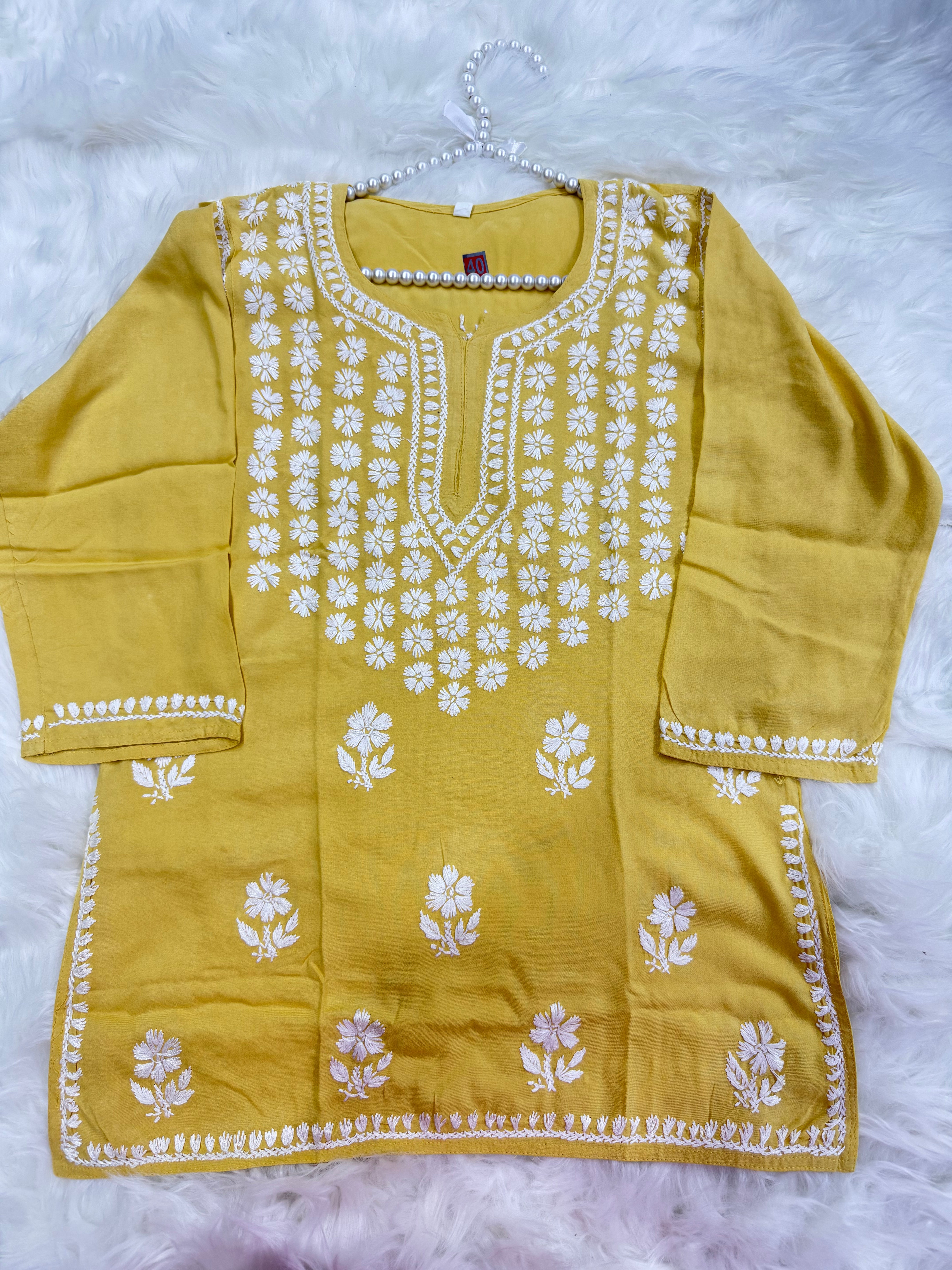 Pure Cotton Short Chikankari Kurti | Pastel Shades with Floral Hand Embroidery
