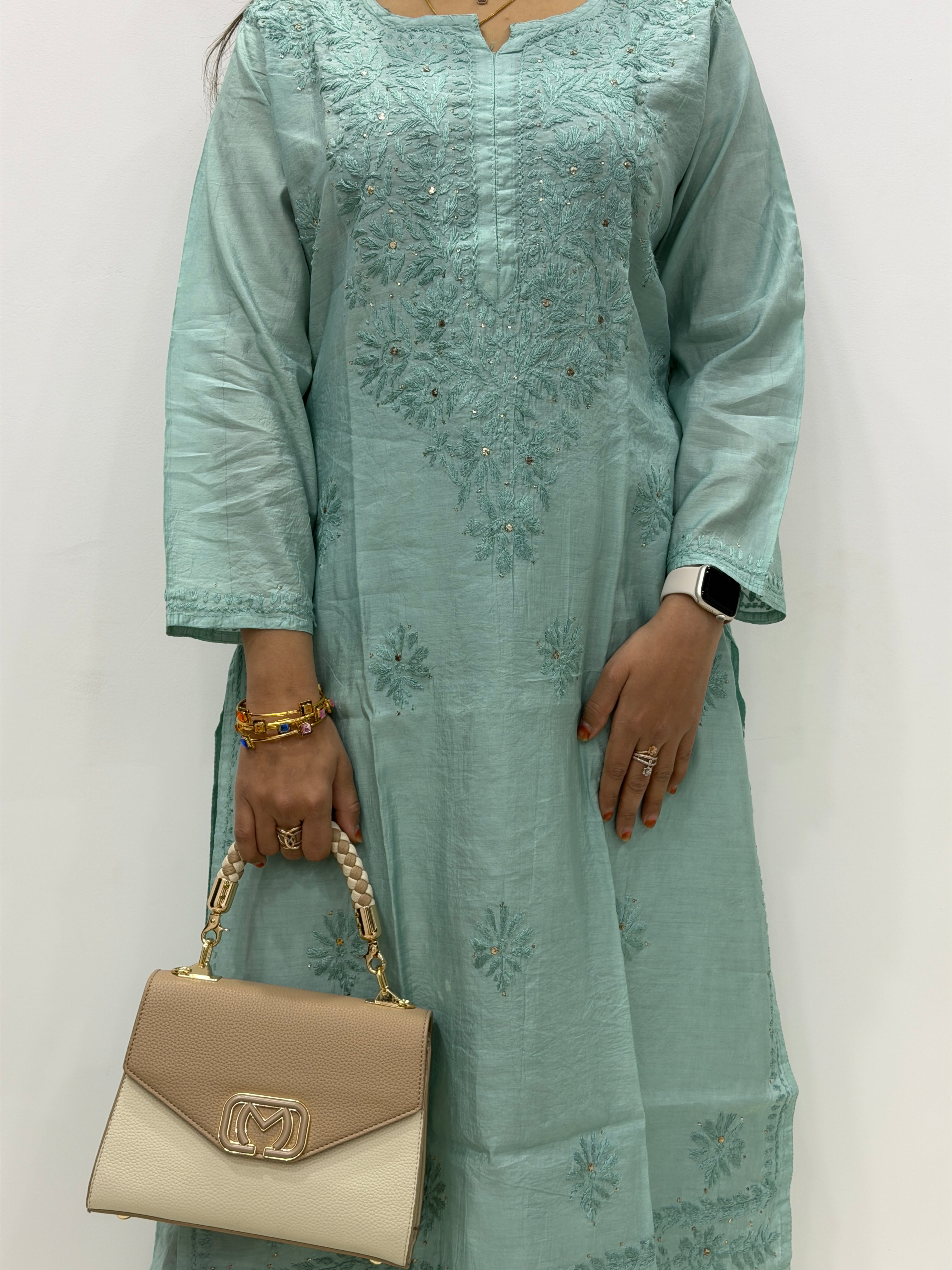 Chanderi 2-Piece Chikankari Suit with Mukaish Work | Hand-Embroidered Kurta & Bottom