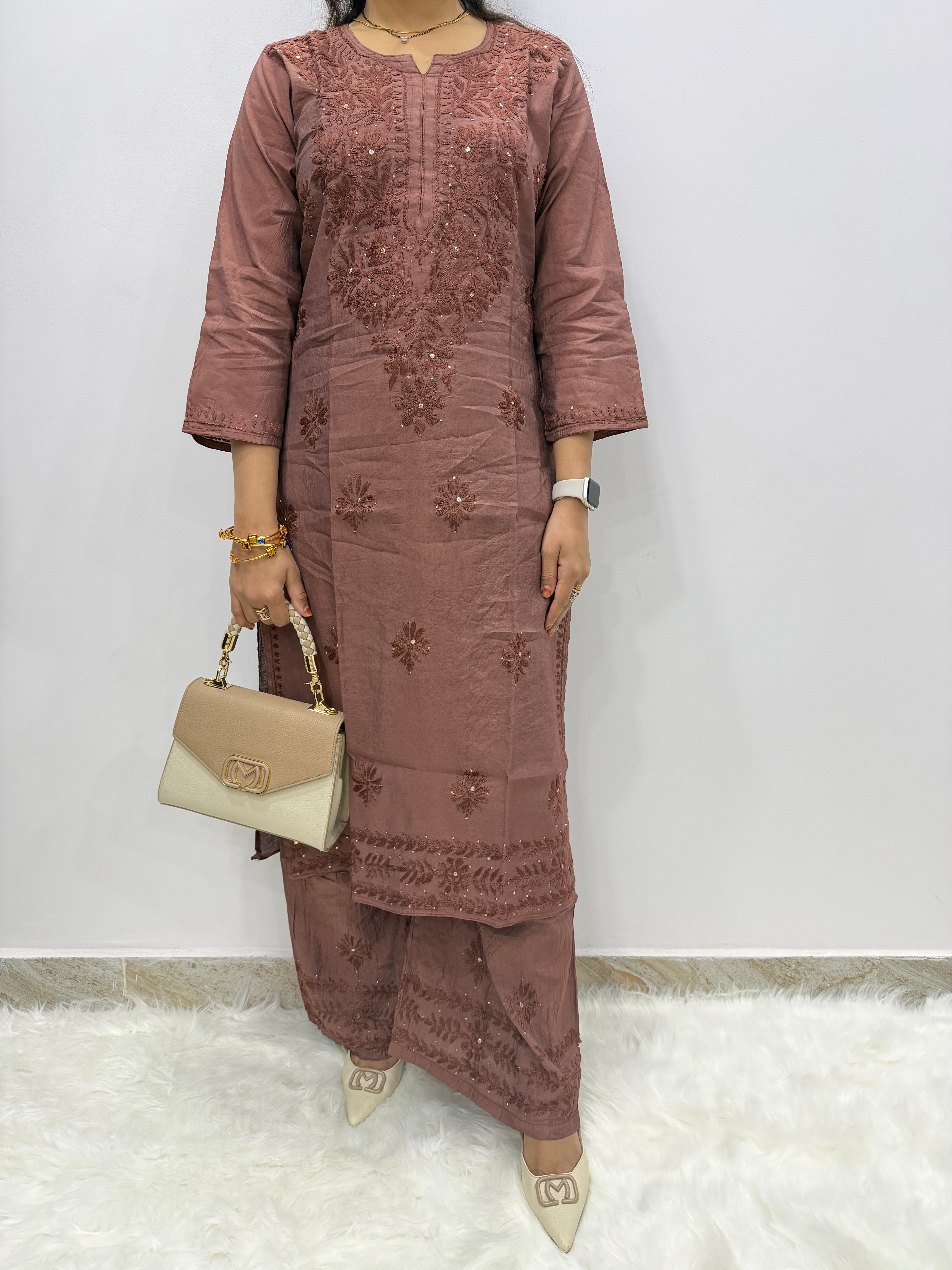 Chanderi 2-Piece Chikankari Suit with Mukaish Work | Hand-Embroidered Kurta & Bottom