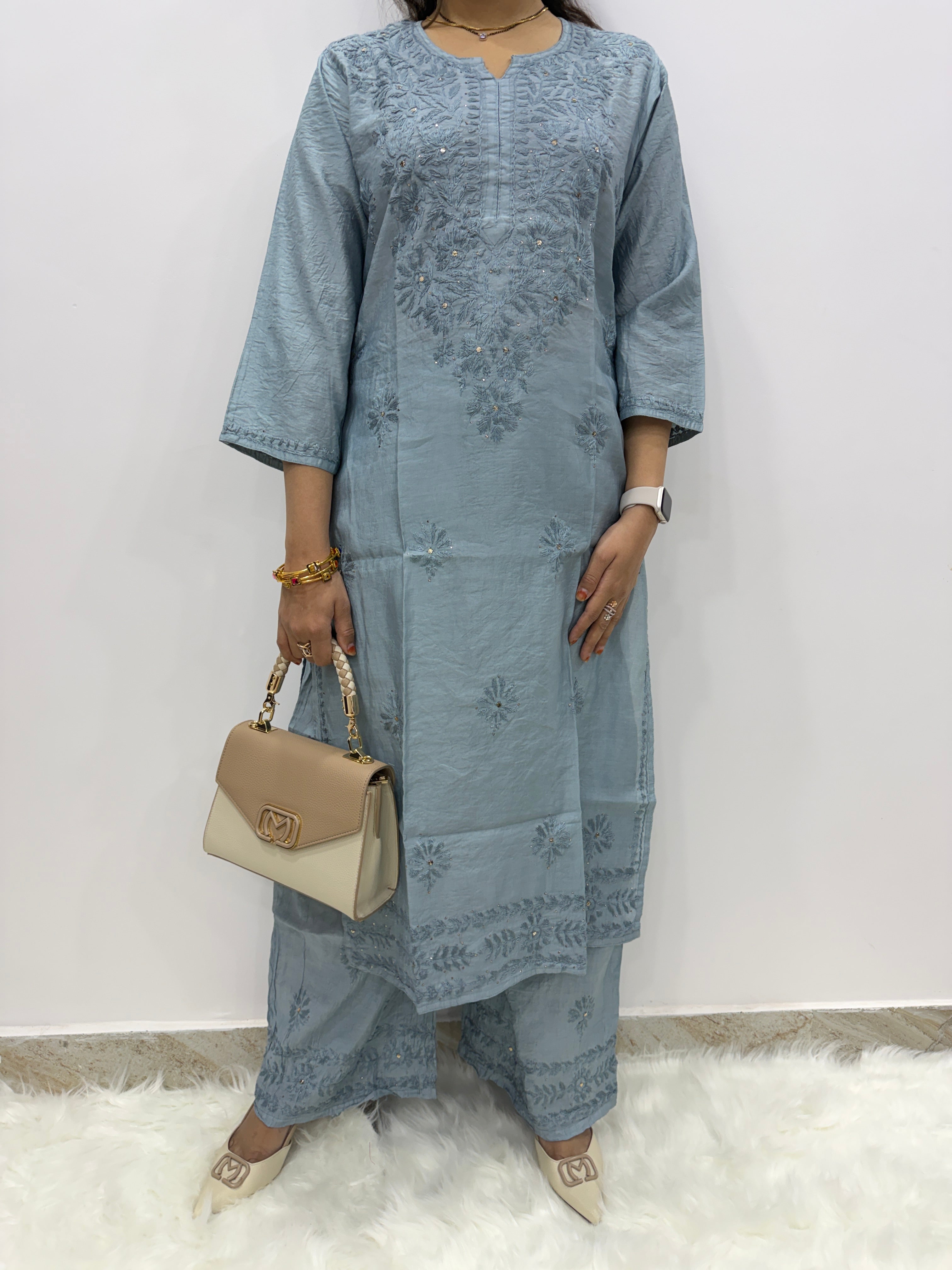 Chanderi 2-Piece Chikankari Suit with Mukaish Work | Hand-Embroidered Kurta & Bottom