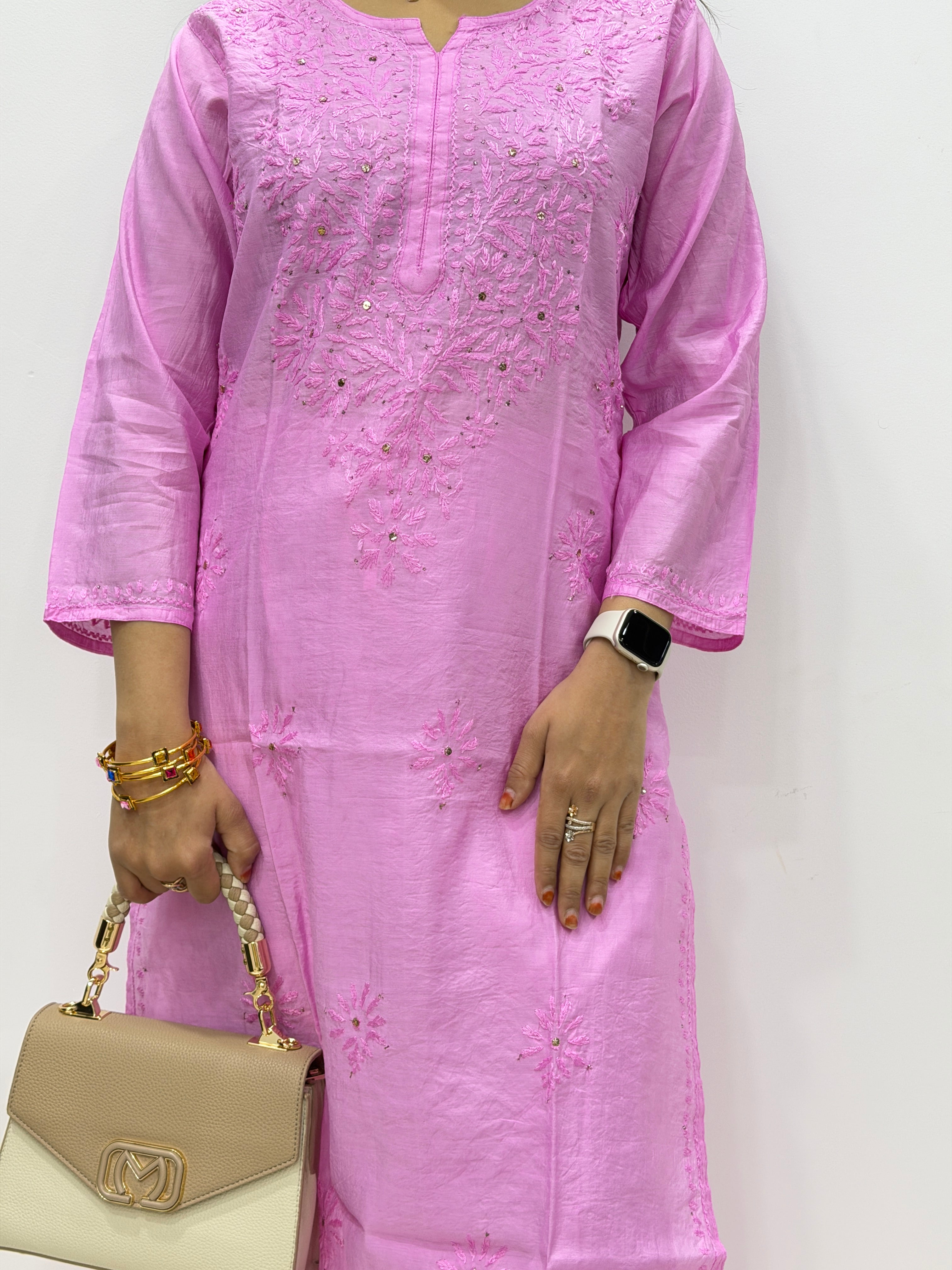 Chanderi 2-Piece Chikankari Suit with Mukaish Work | Hand-Embroidered Kurta & Bottom