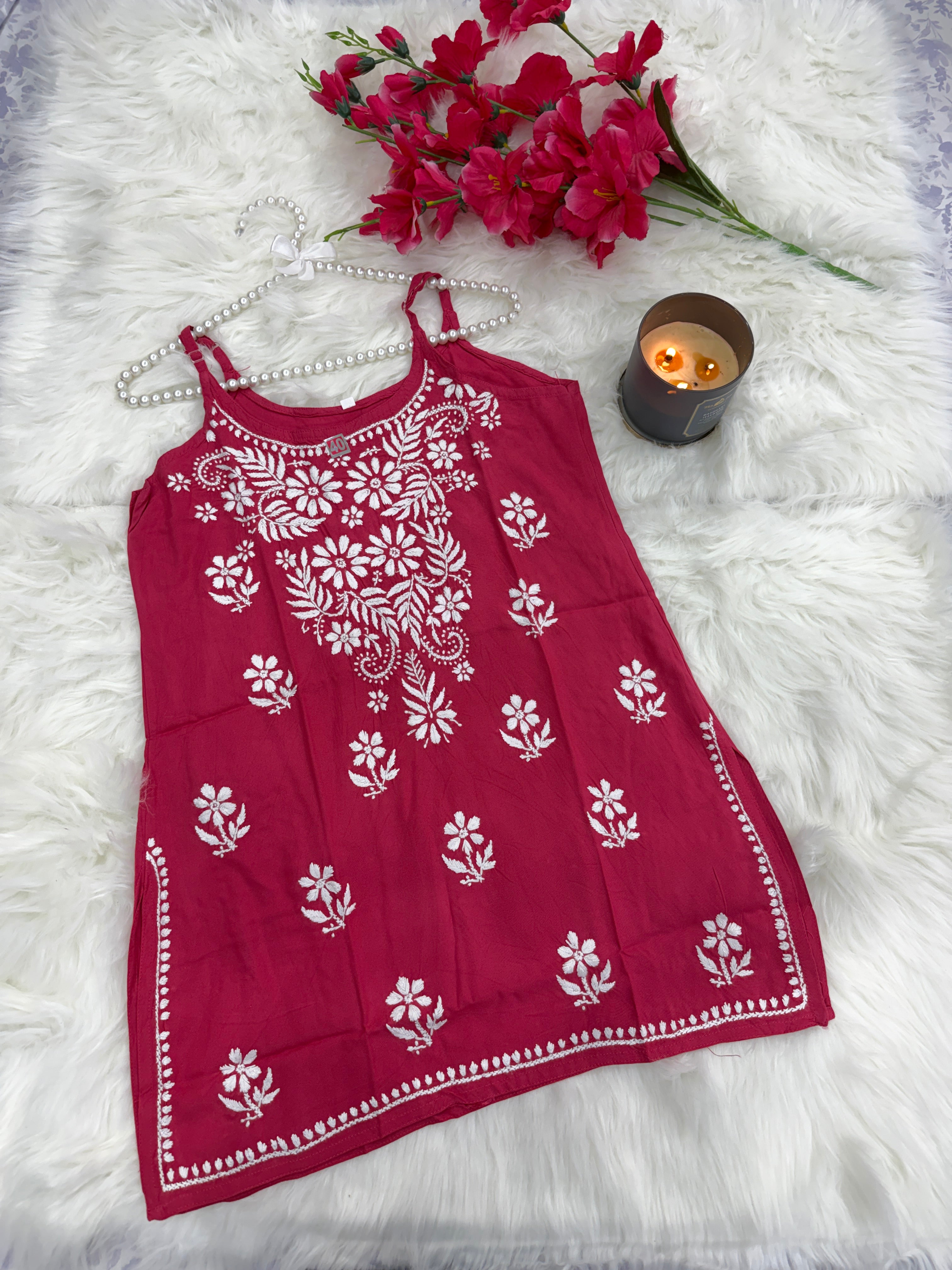Sleeveless Noodle-Strap Rayon Chikankari Kurti | Hand-Embroidered Everyday Wear