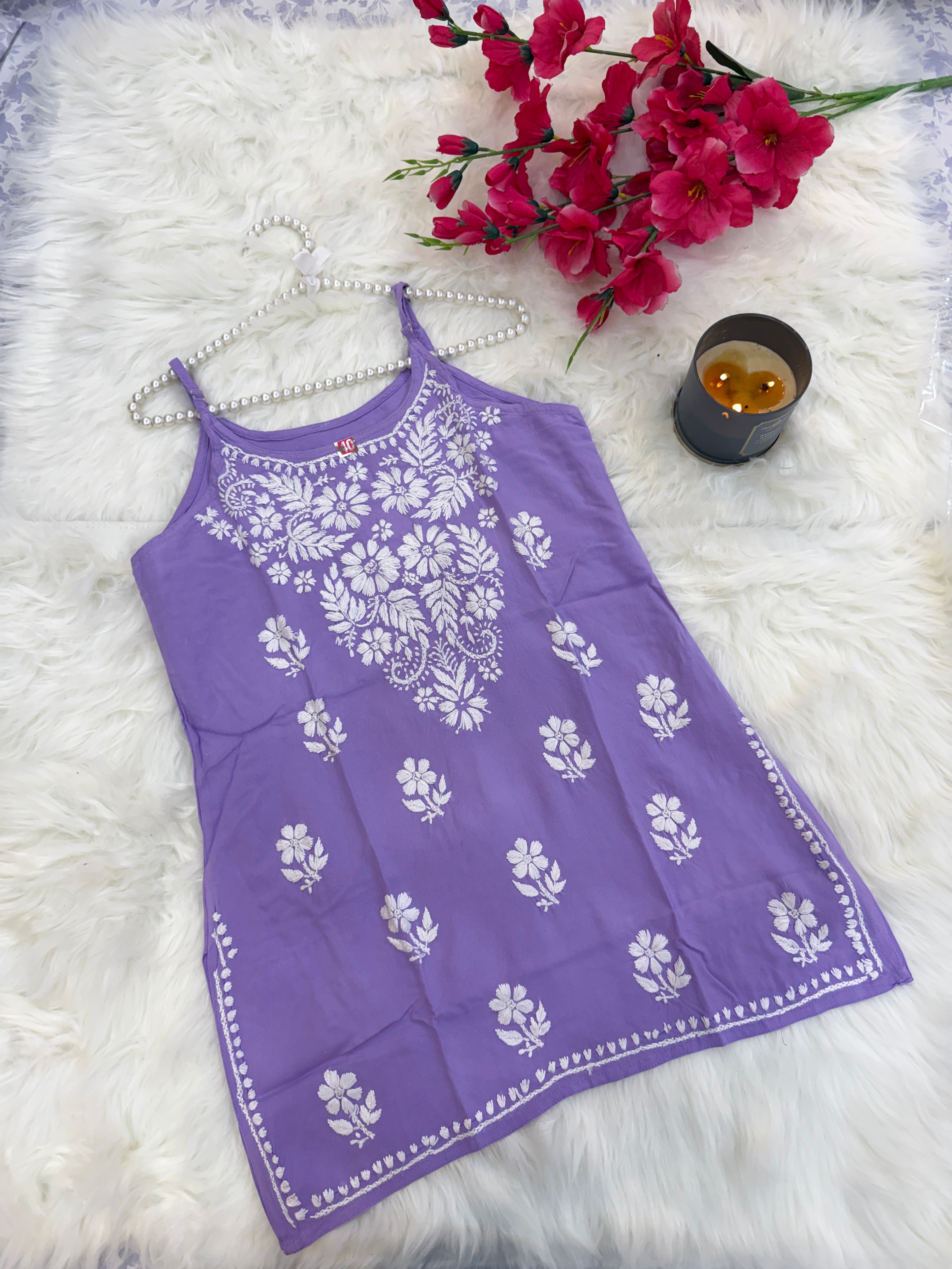 Sleeveless Noodle-Strap Rayon Chikankari Kurti | Hand-Embroidered Everyday Wear