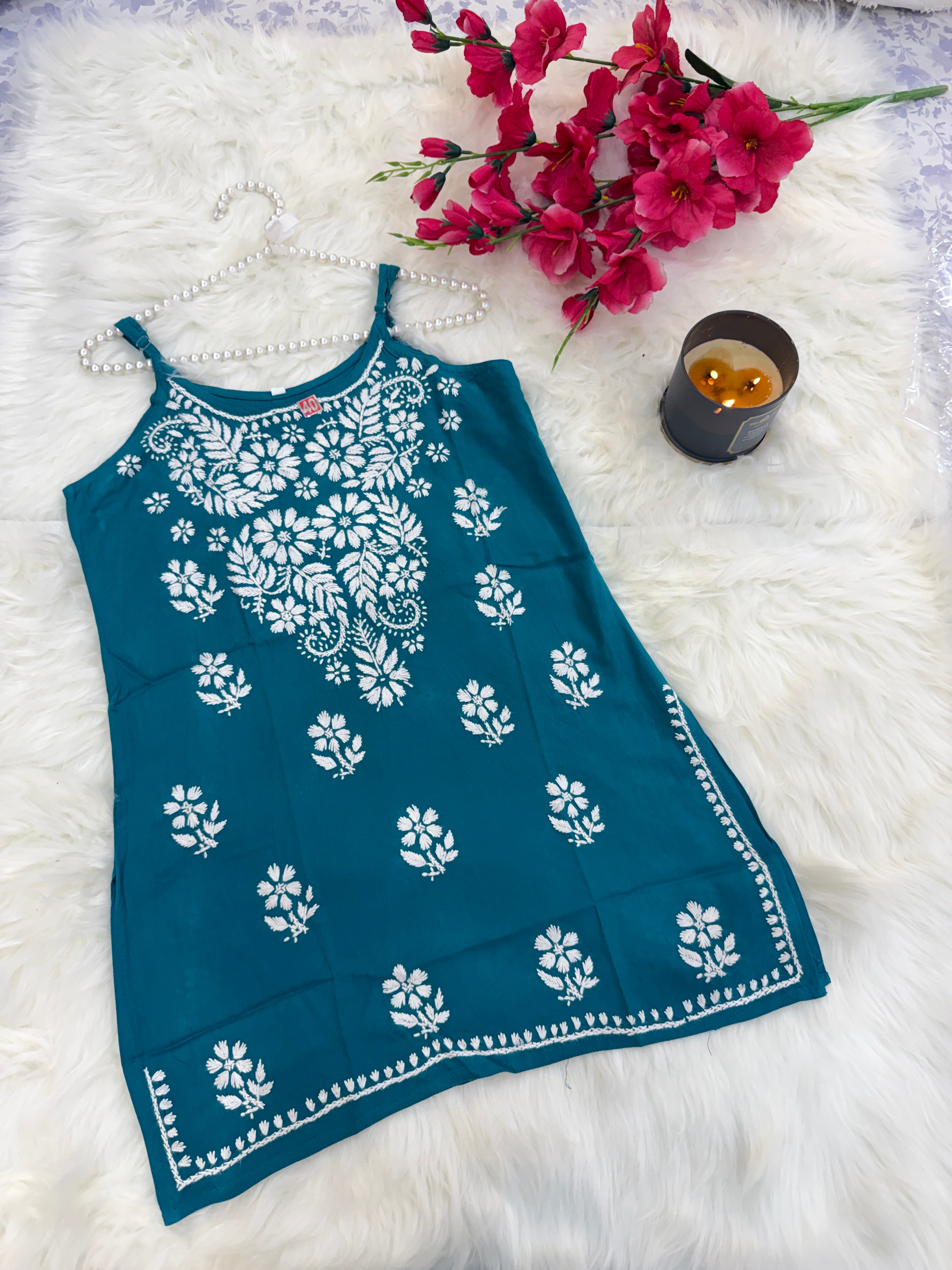 Sleeveless Noodle-Strap Rayon Chikankari Kurti | Hand-Embroidered Everyday Wear