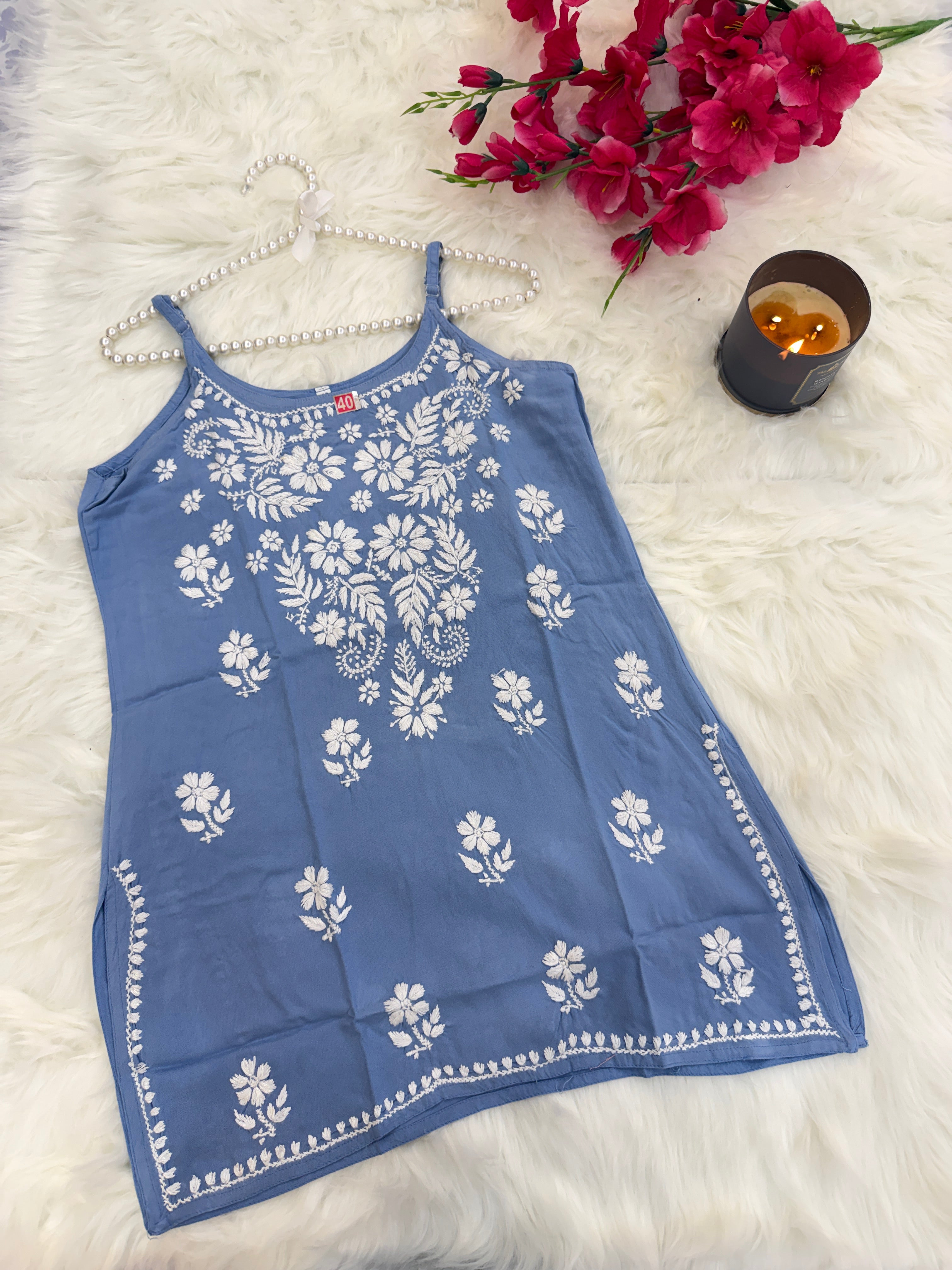 Sleeveless Noodle-Strap Rayon Chikankari Kurti | Hand-Embroidered Everyday Wear
