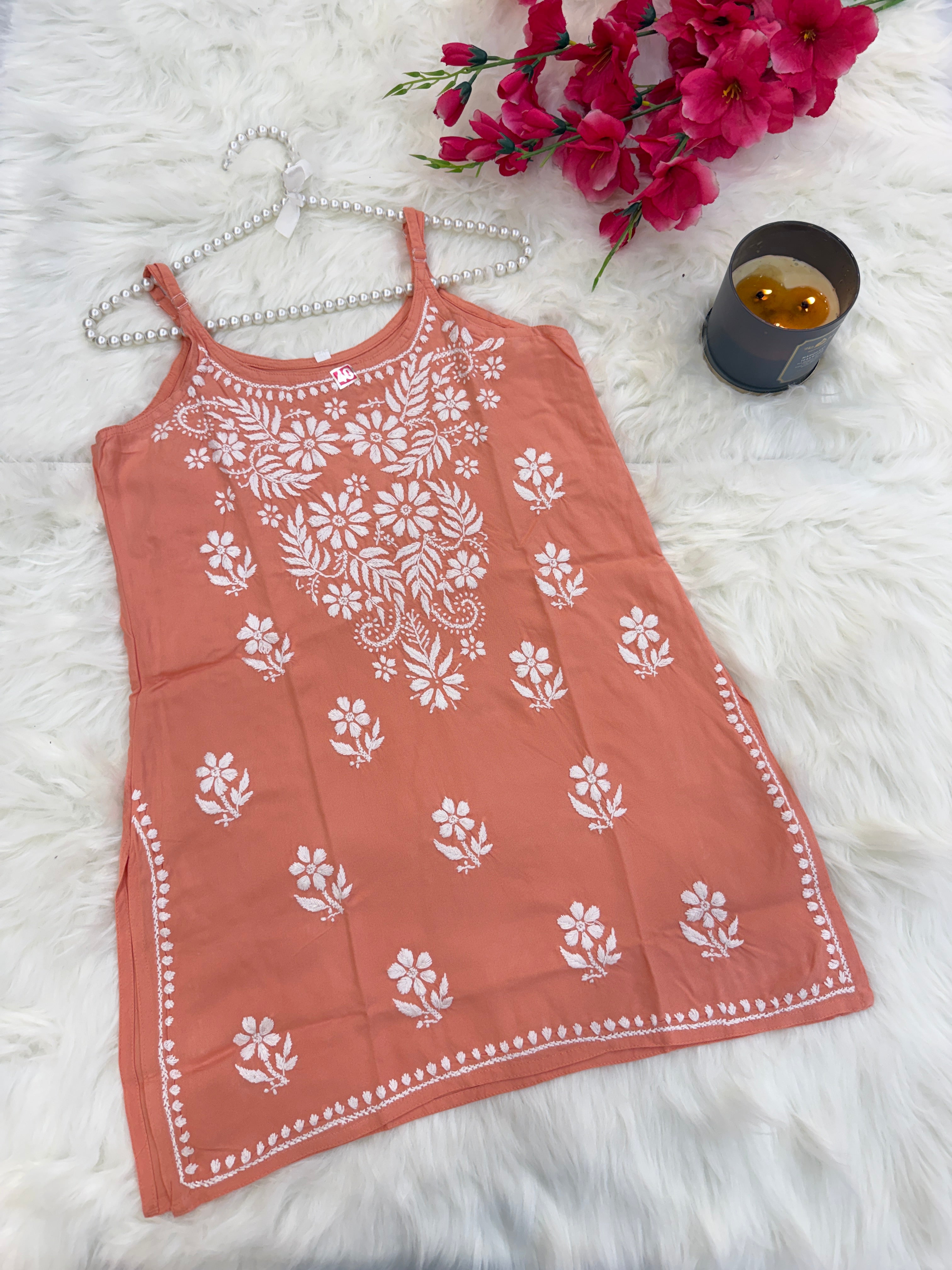 Sleeveless Noodle-Strap Rayon Chikankari Kurti | Hand-Embroidered Everyday Wear
