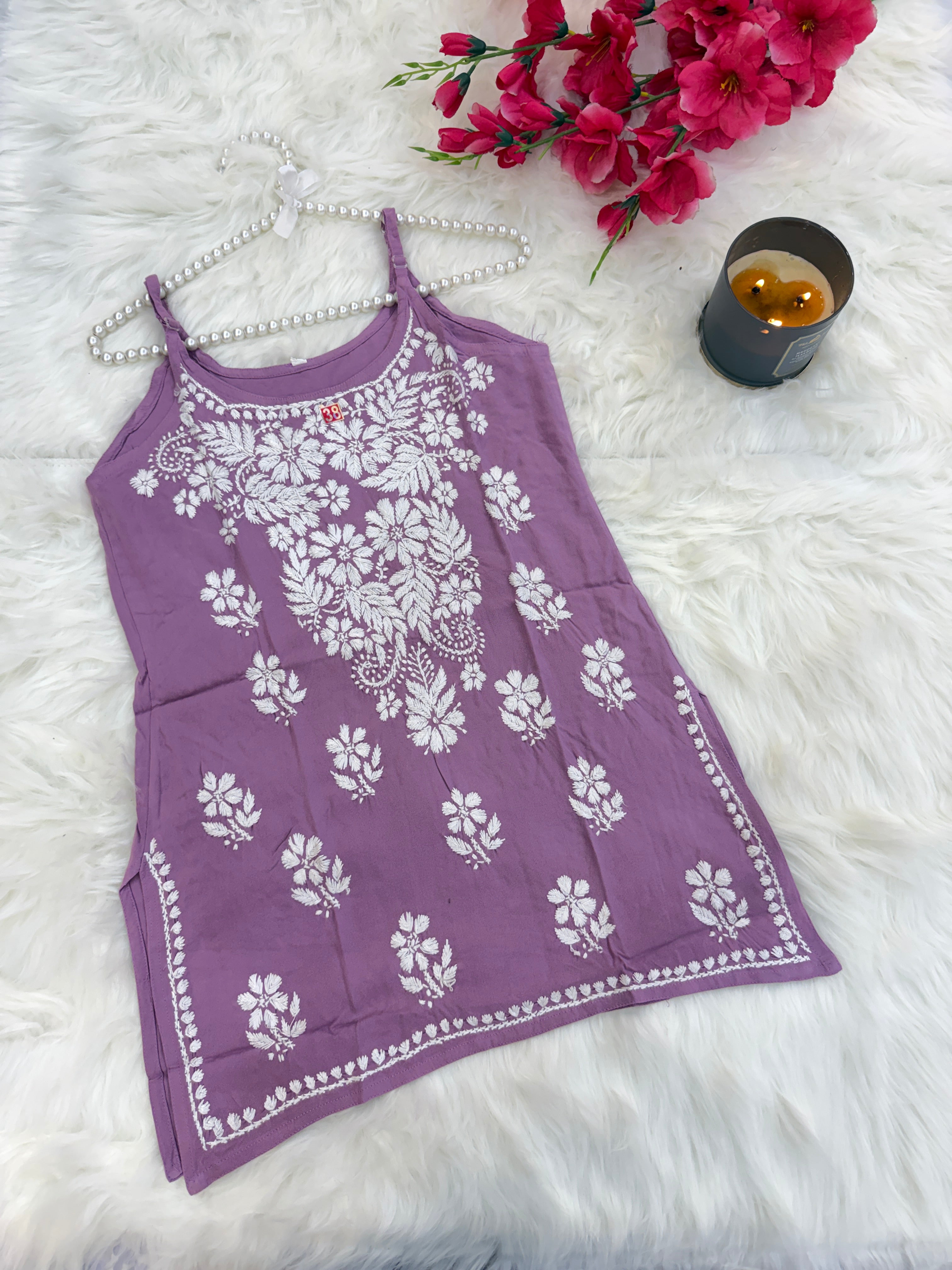 Sleeveless Noodle-Strap Rayon Chikankari Kurti | Hand-Embroidered Everyday Wear
