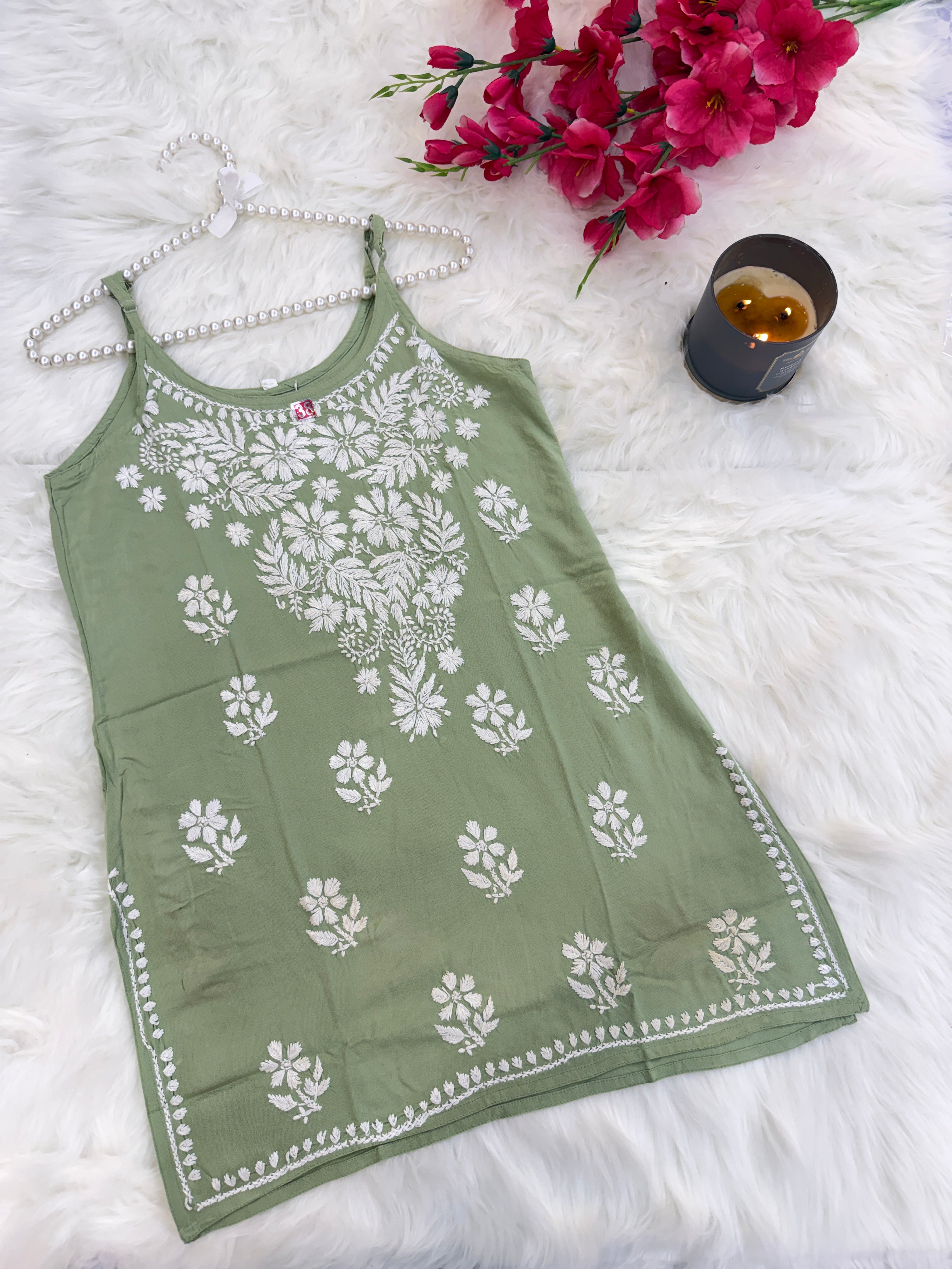 Sleeveless Noodle-Strap Rayon Chikankari Kurti | Hand-Embroidered Everyday Wear