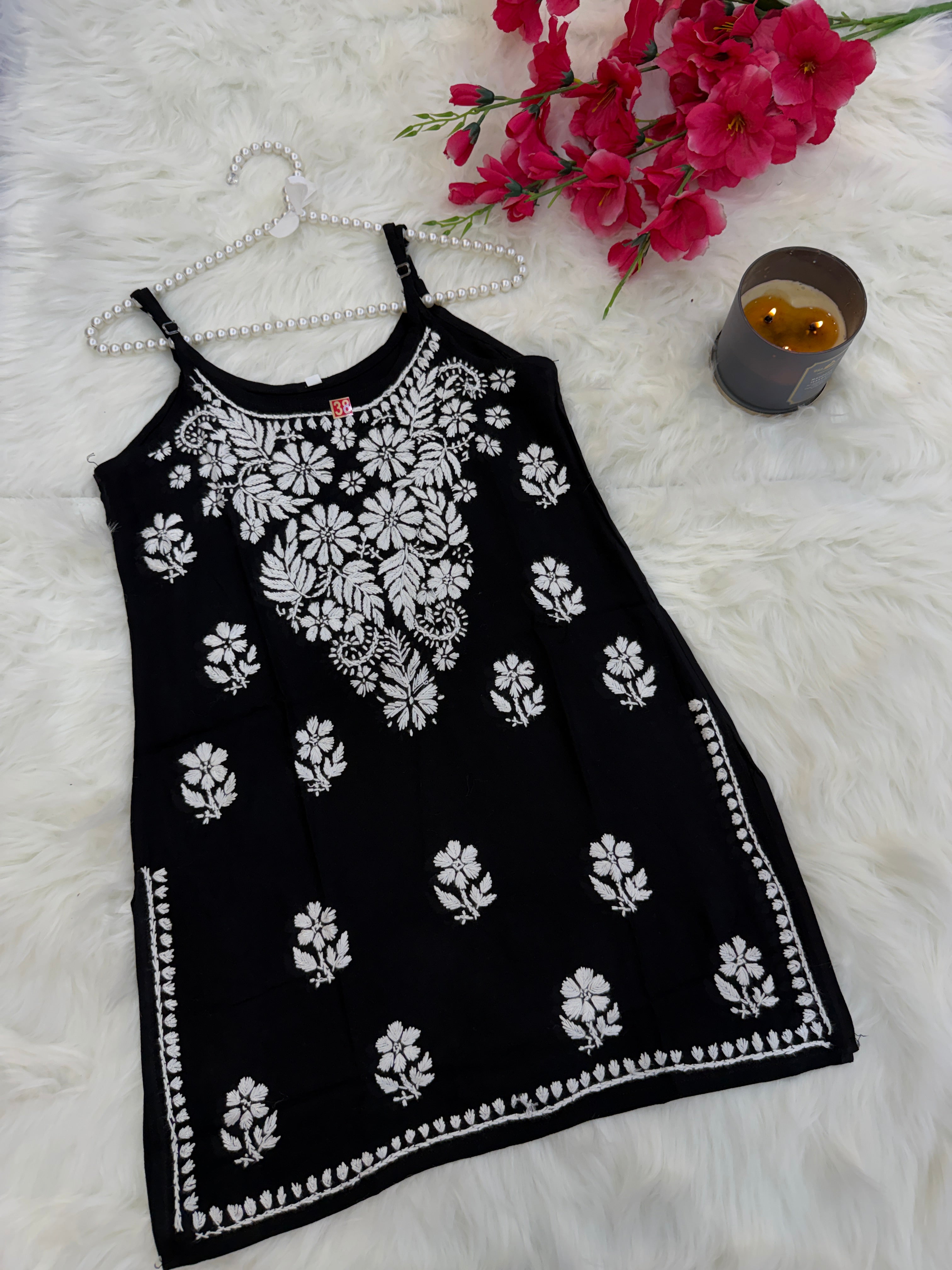 Sleeveless Noodle-Strap Rayon Chikankari Kurti | Hand-Embroidered Everyday Wear