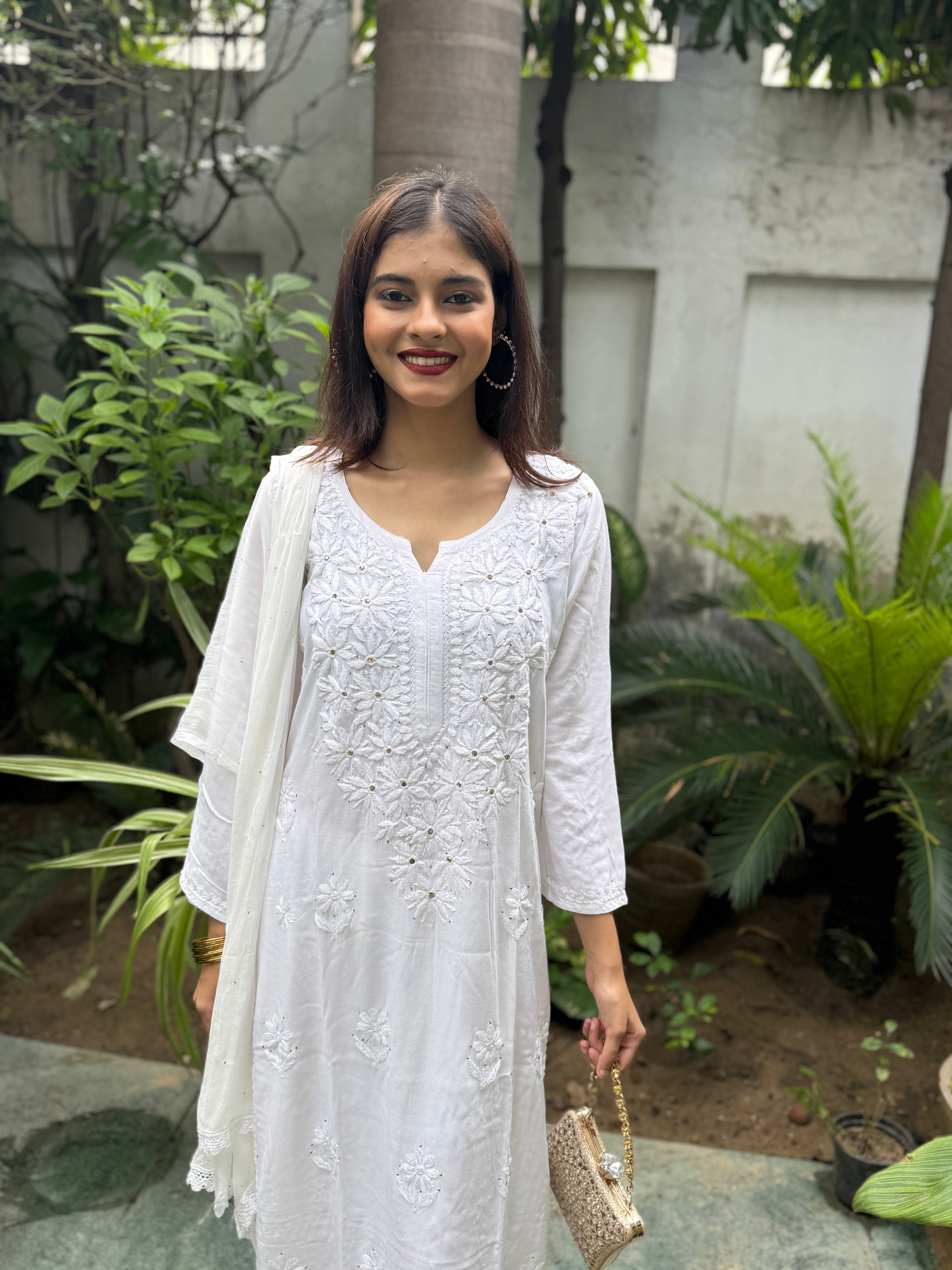 Rayon Chikankari 3 Piece Suit with Mukaish Work | Hand-Embroidered Kurta, Dupatta & Bottom