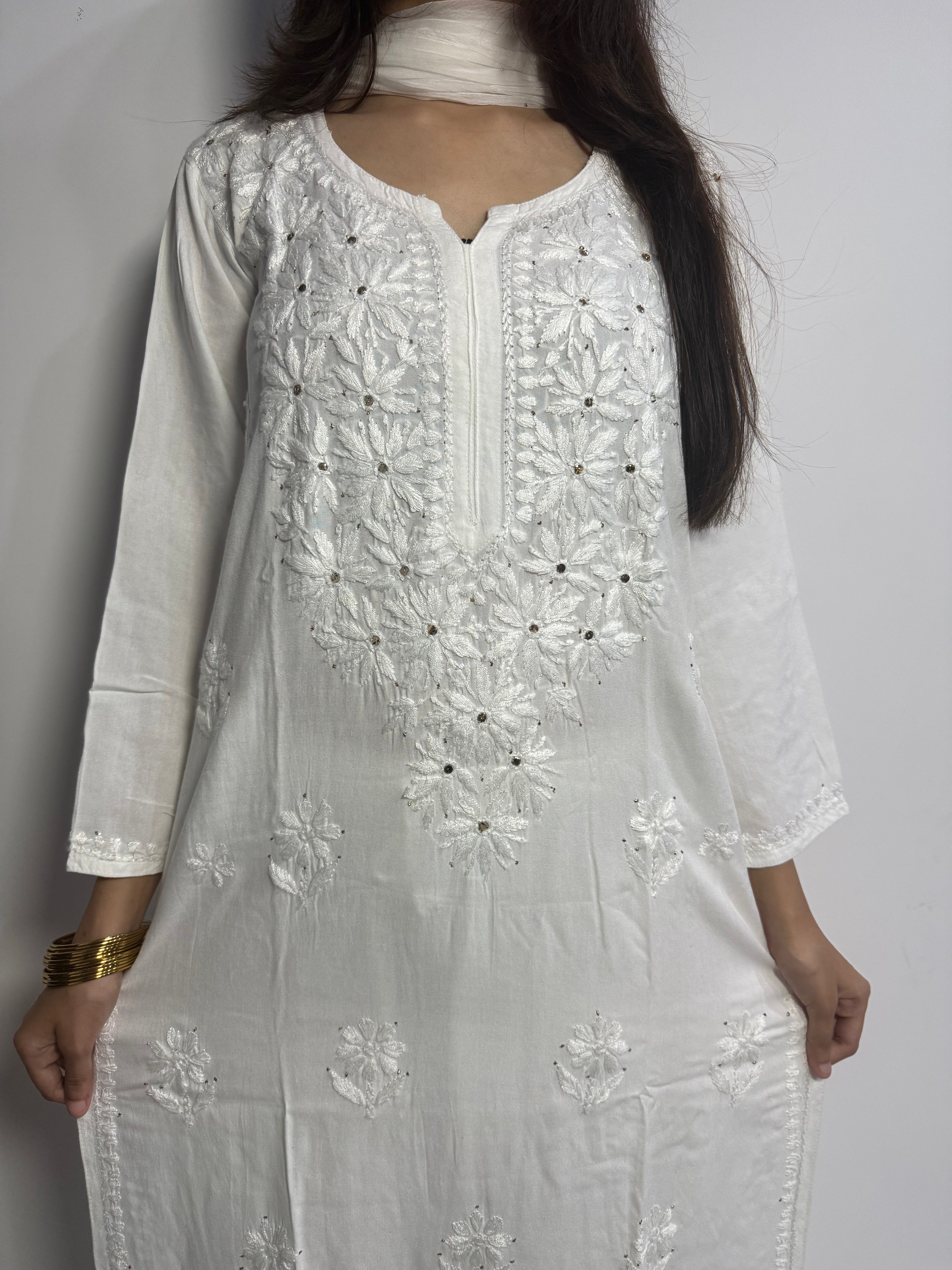 Rayon Chikankari 3 Piece Suit with Mukaish Work | Hand-Embroidered Kurta, Dupatta & Bottom