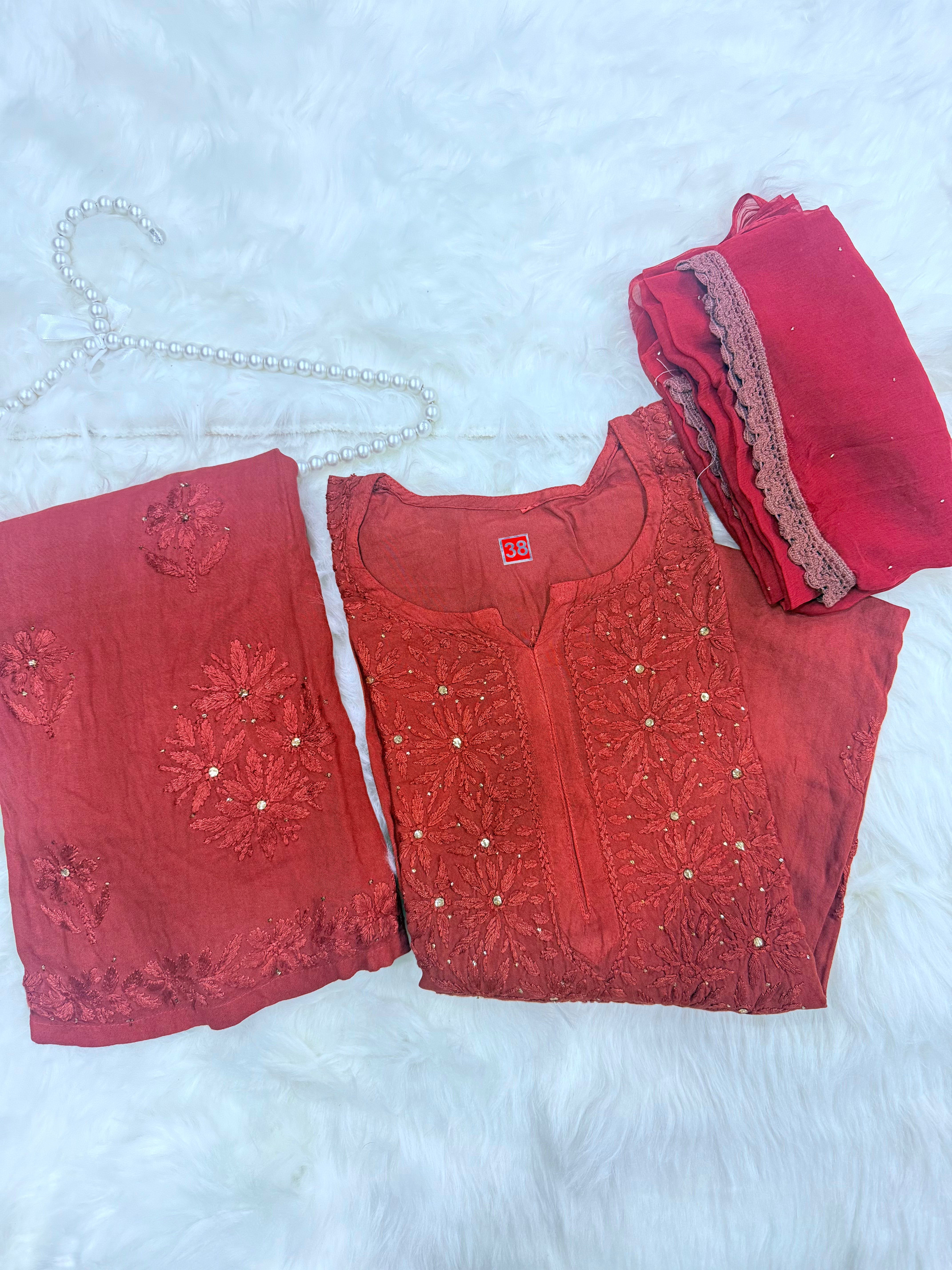 Rayon Chikankari 3 Piece Suit with Mukaish Work | Hand-Embroidered Kurta, Dupatta & Bottom