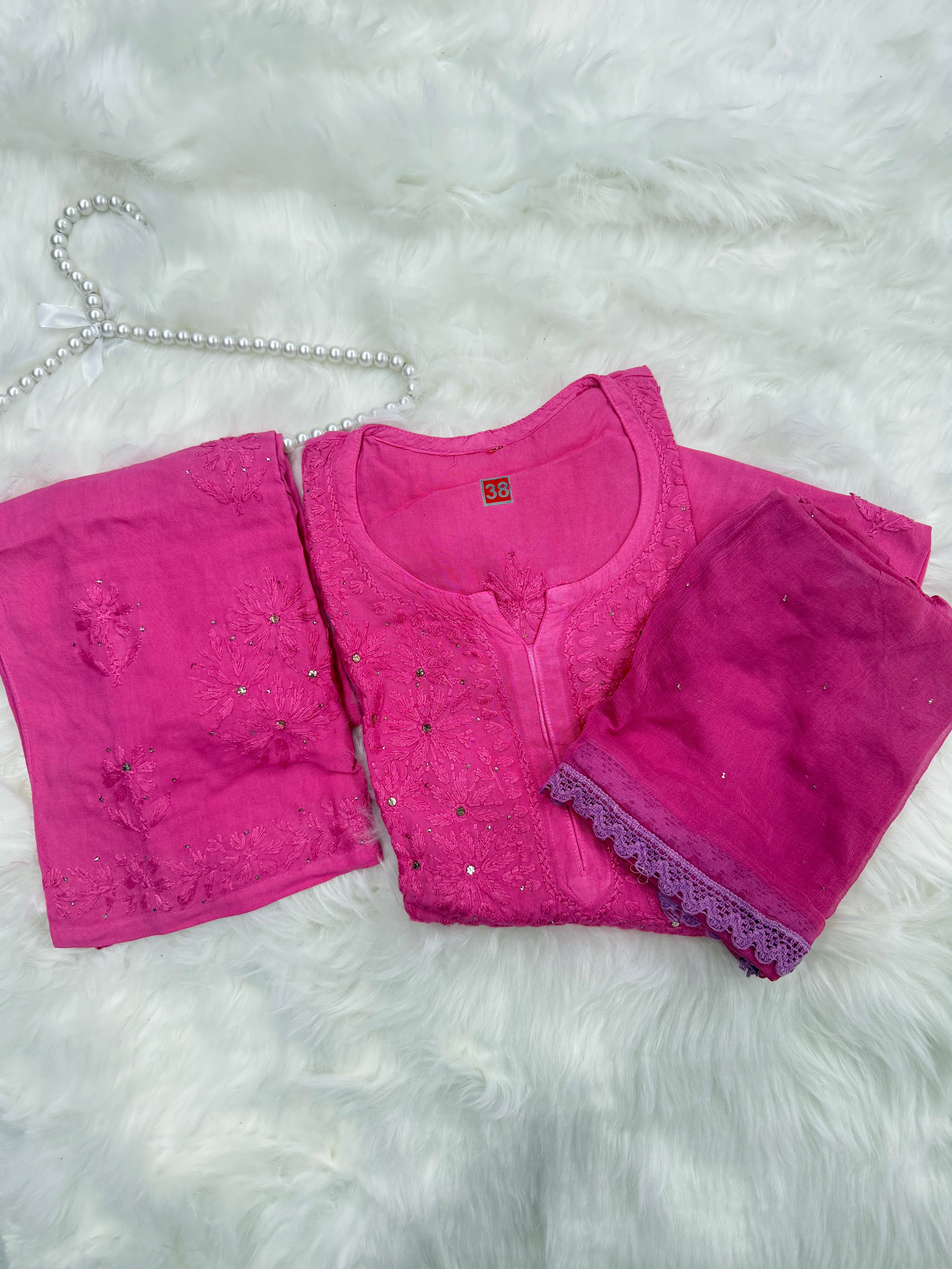 Rayon Chikankari 3 Piece Suit with Mukaish Work | Hand-Embroidered Kurta, Dupatta & Bottom