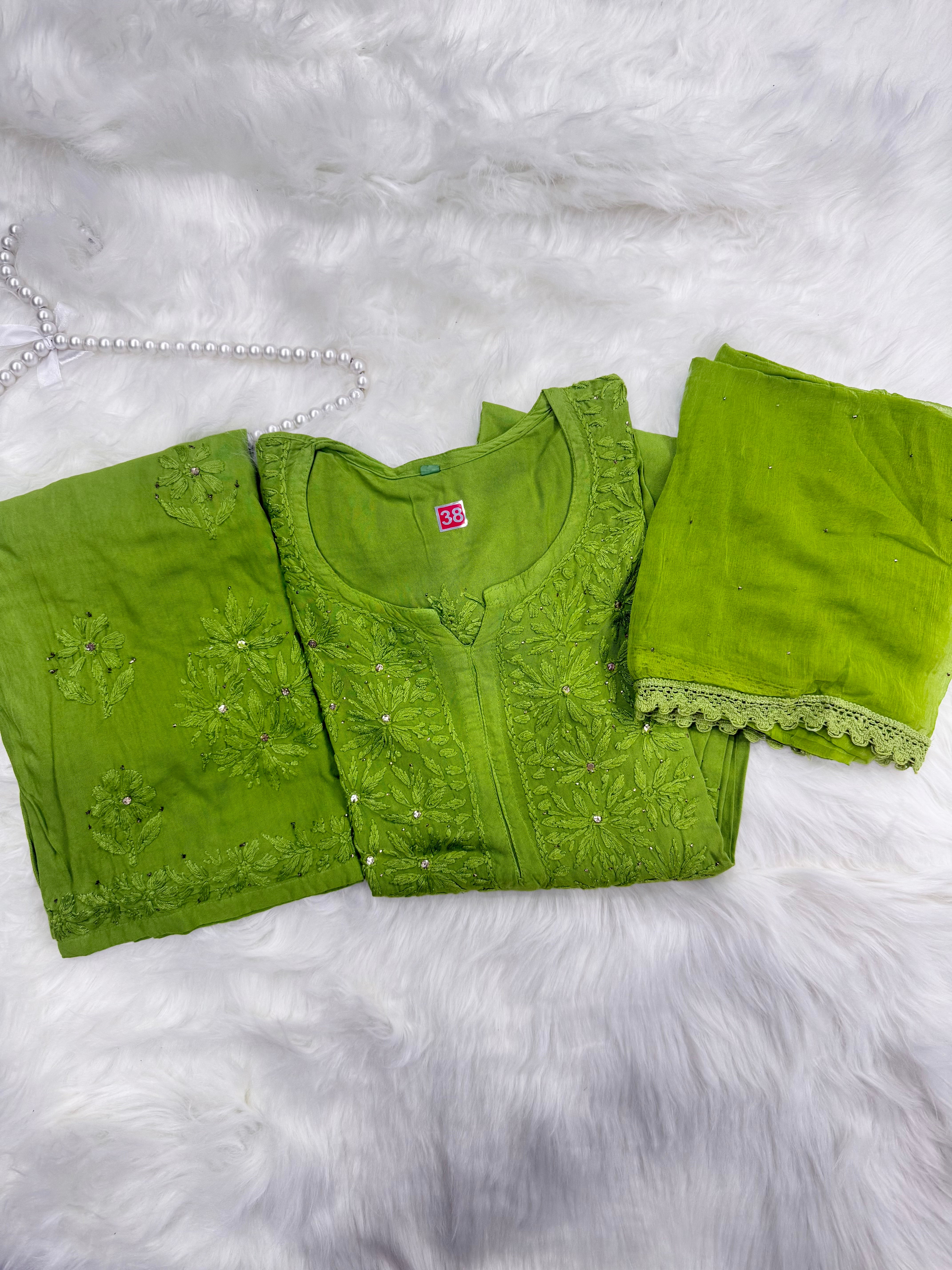 Rayon Chikankari 3 Piece Suit with Mukaish Work | Hand-Embroidered Kurta, Dupatta & Bottom