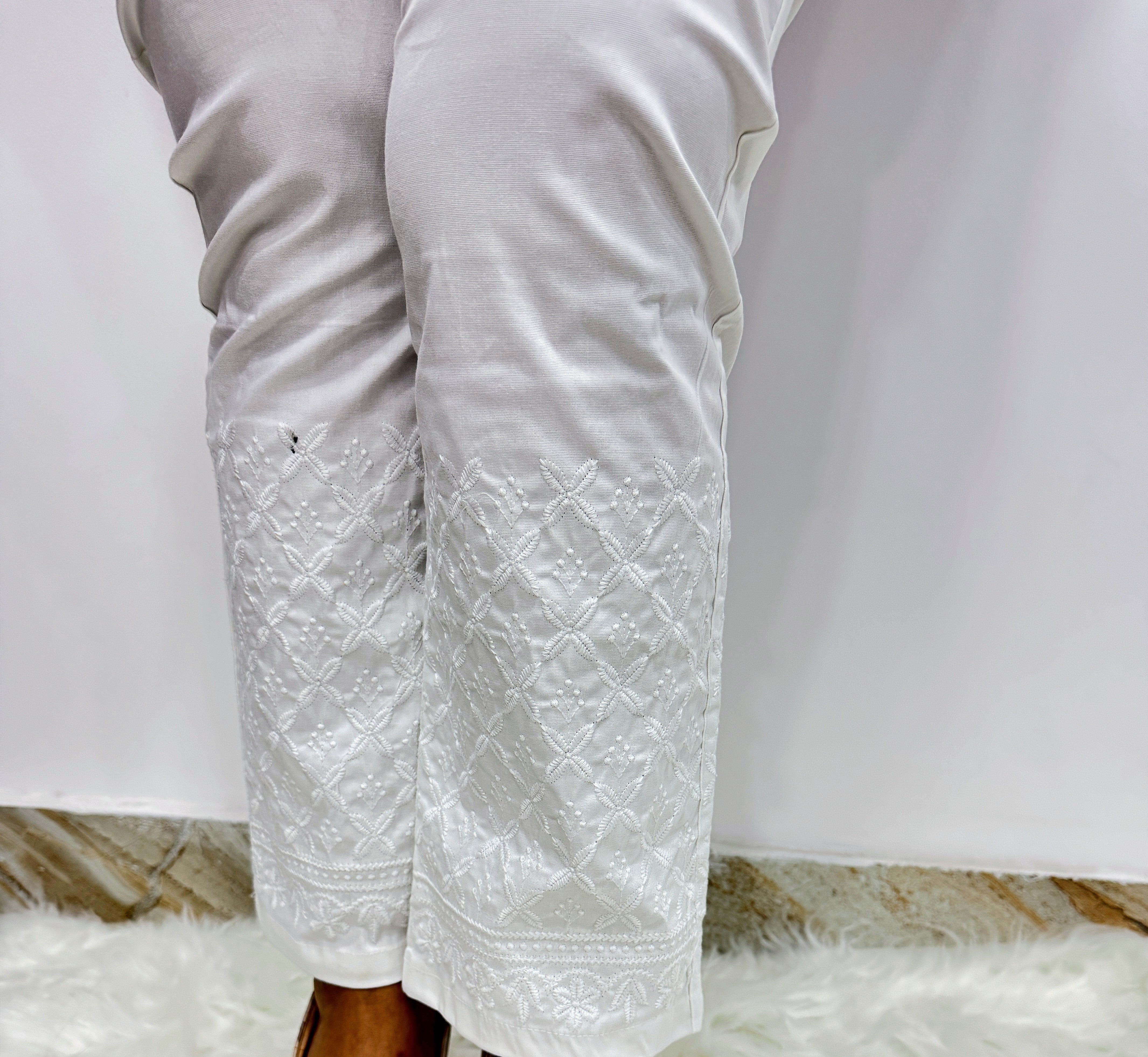 White Rayon Chikankari Bottom | Handcrafted Floral White Embroidery
